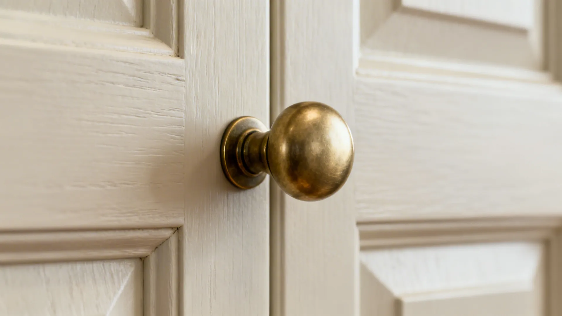 Close-up of a satin-painted shaker cabinet door with a new brass knob.