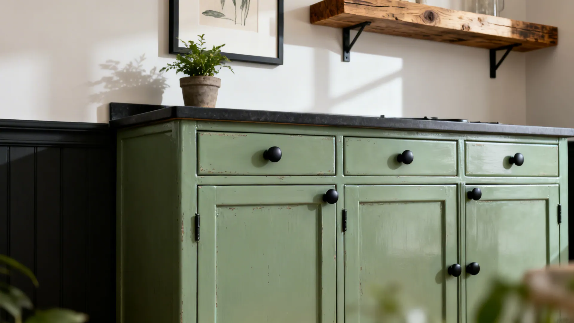 Vintage cabinet painted muted green with matte black pulls styled with art and a plant.