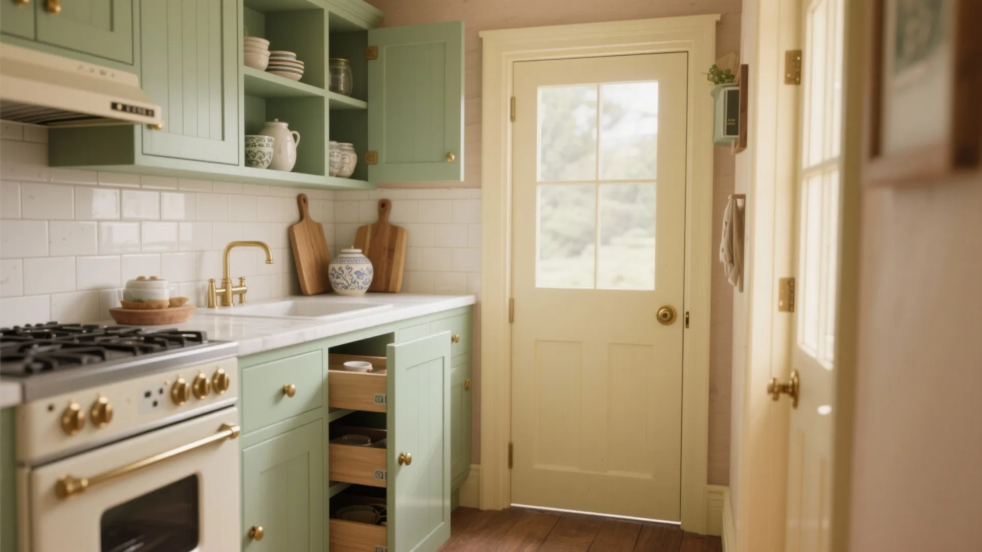 Light green kitchen cabinets with gold knobs white tile wall and a cream wooden door