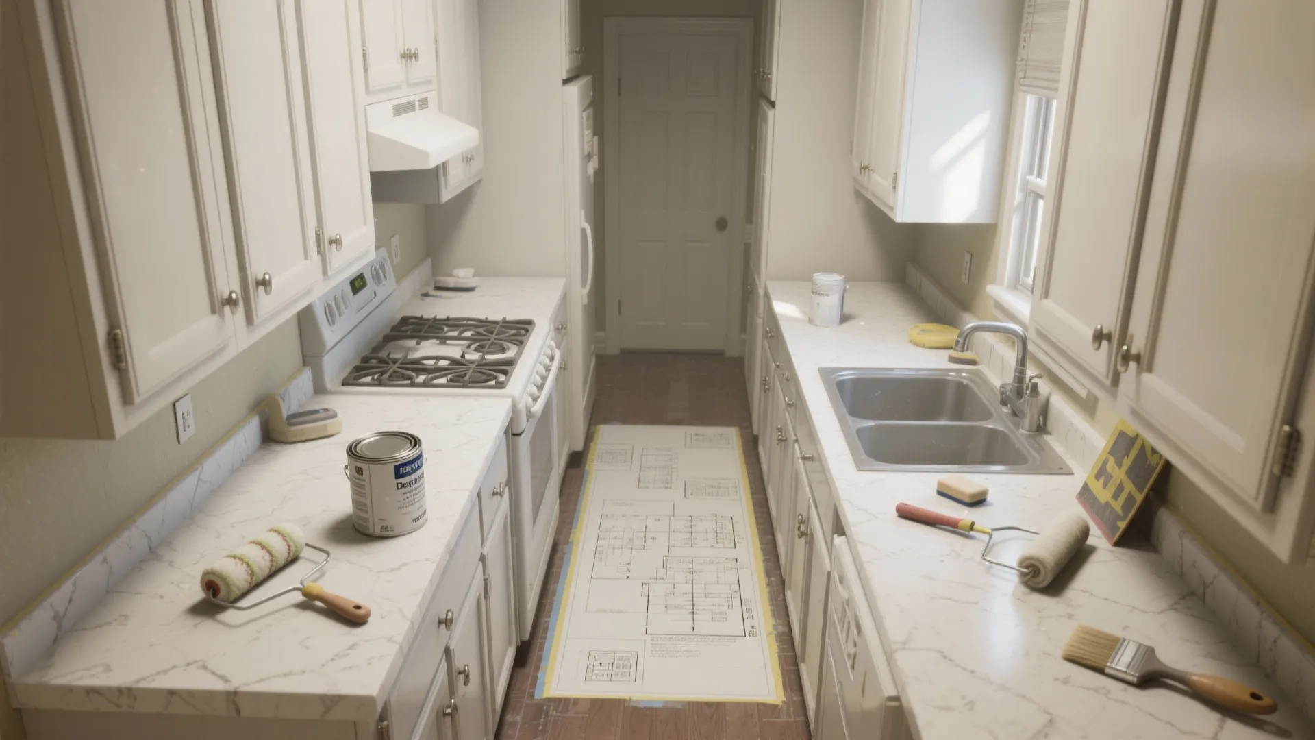 Top-down view of a galley kitchen with freshly painted semi-gloss cabinets and painting tools laid out.