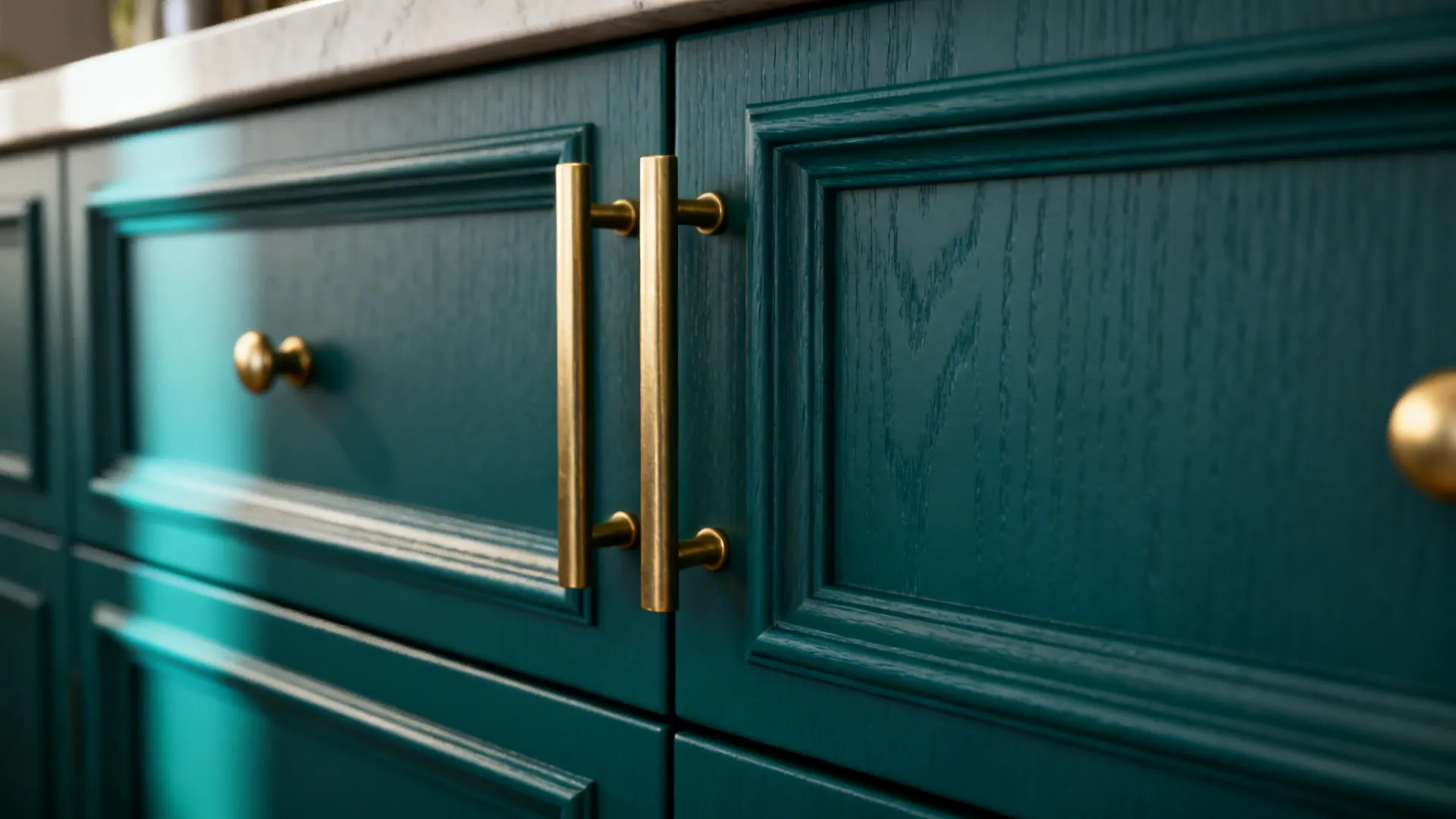 Close-up of freshly painted deep jewel-tone cabinet with new brushed brass hardware