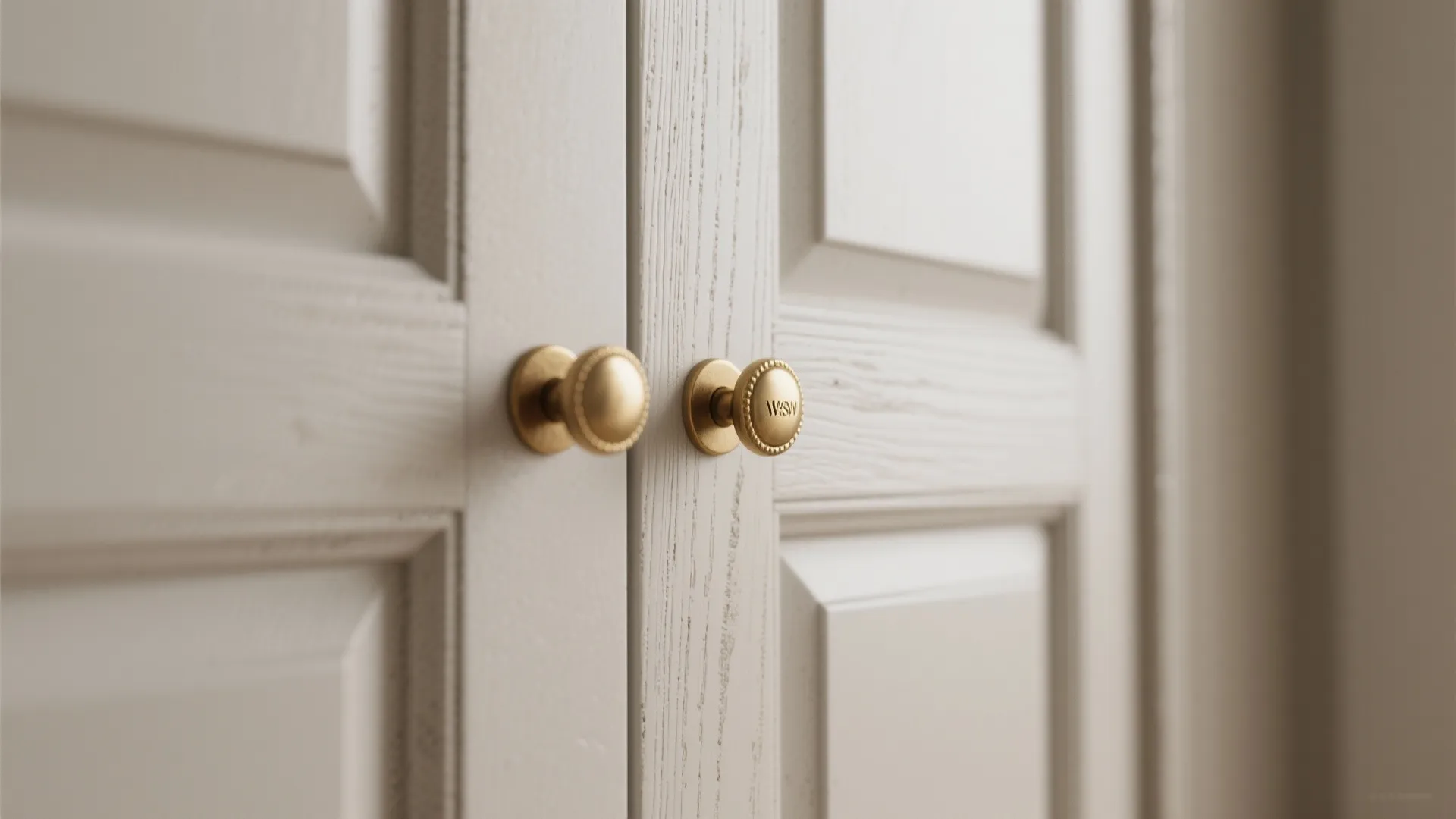 Close-up of matte-painted cabinet door with brass pull showing texture and finish