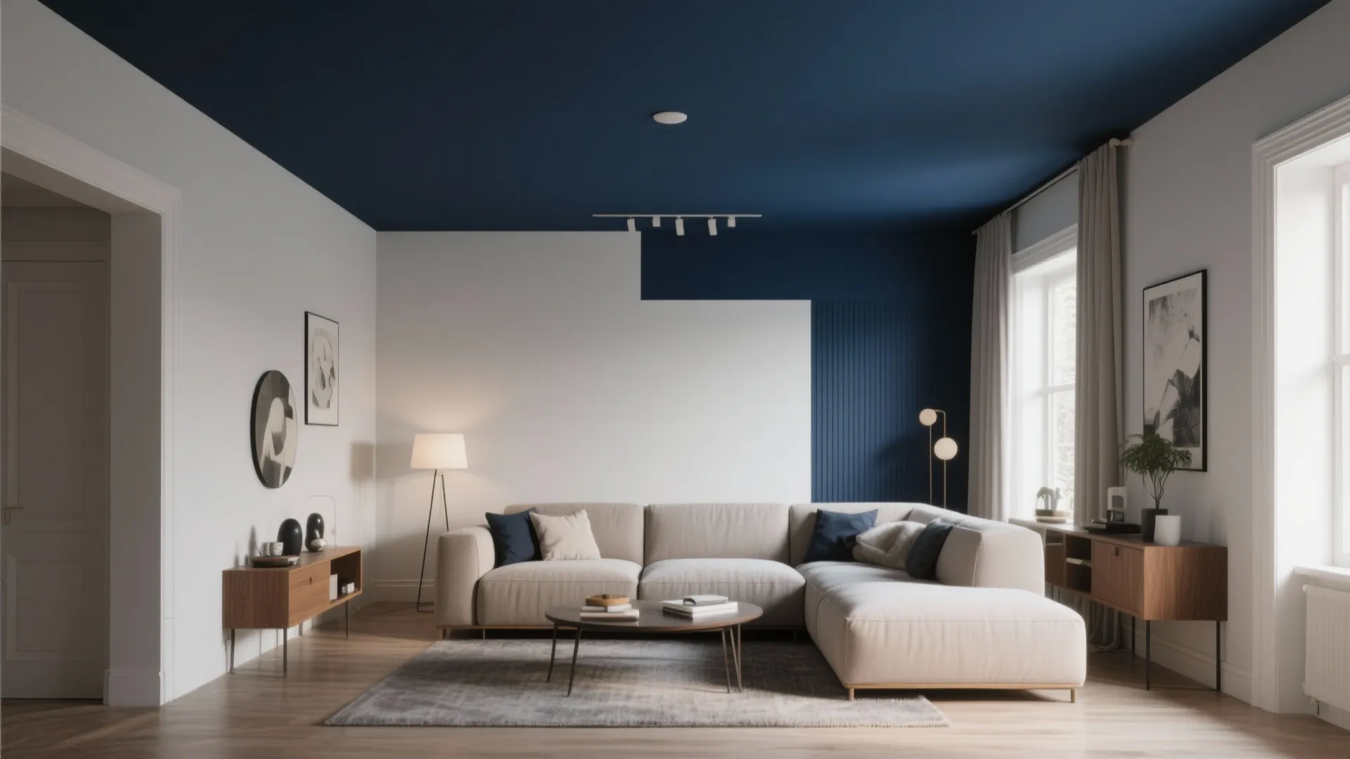 Living room with a deep navy painted ceiling