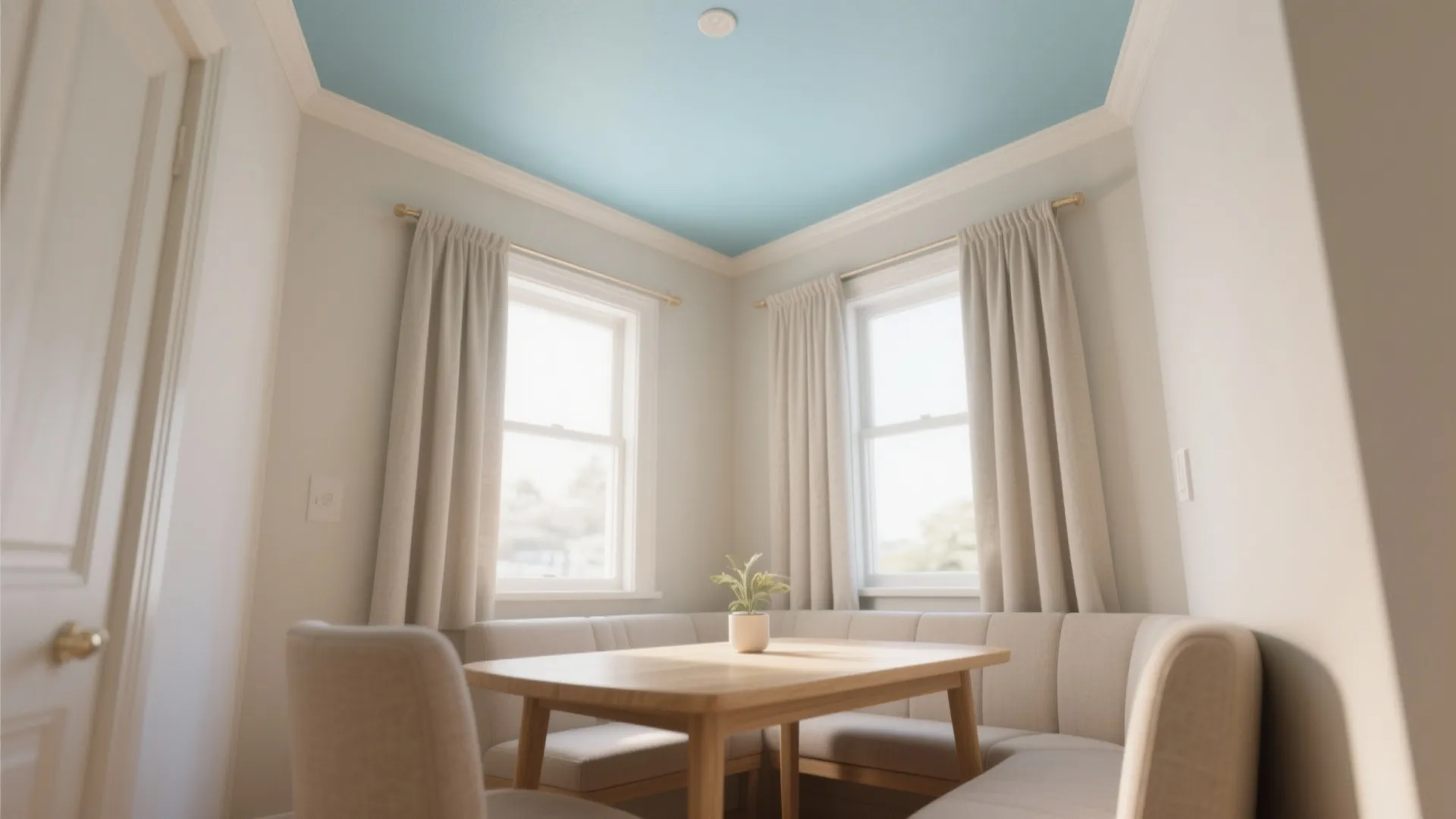 Compact dining nook with a very pale blue painted ceiling creating an airy canopy and taller feel.