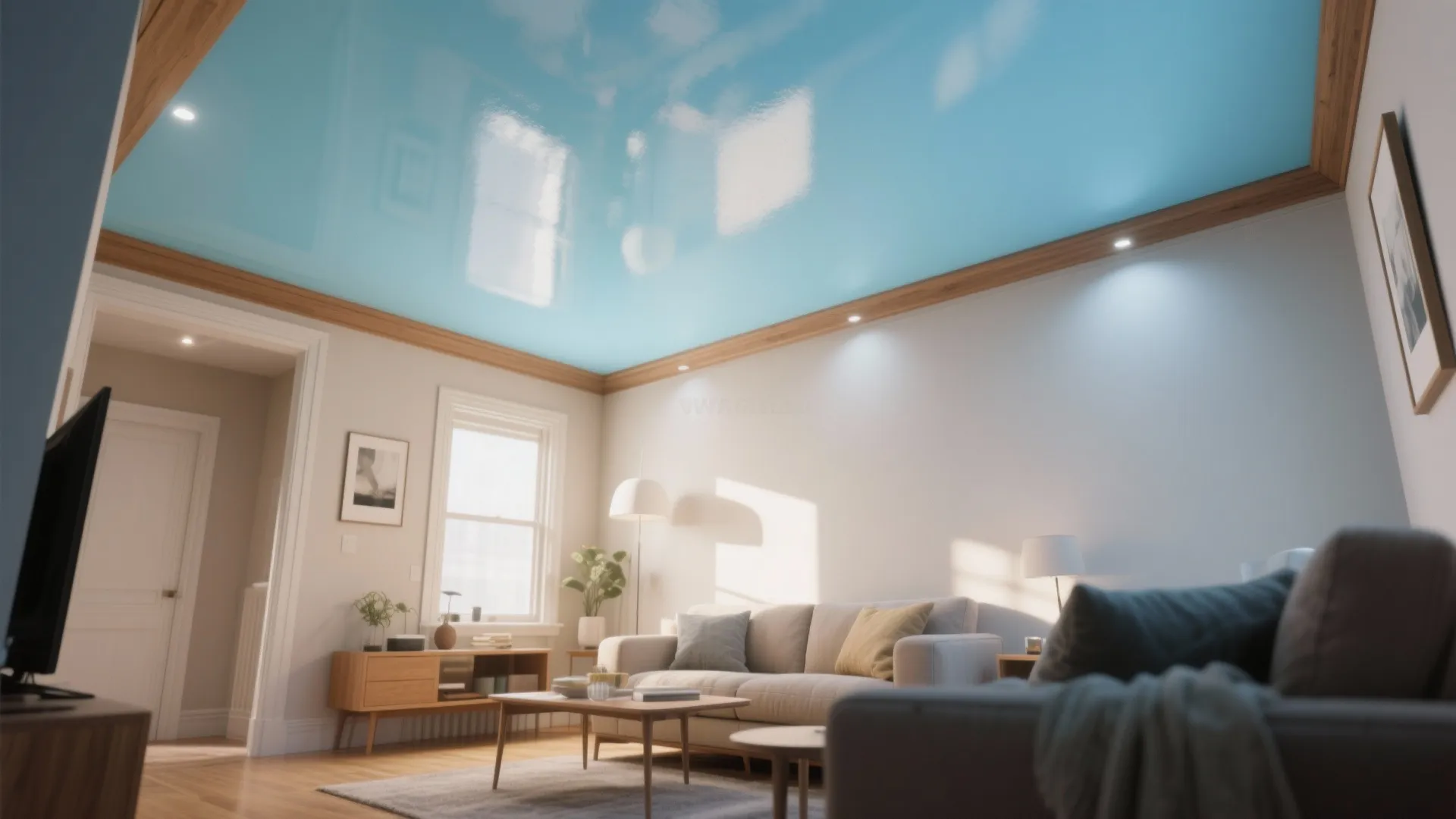 Modern living room with blue painted ceiling wooden trim cream sofa coffee table and natural light