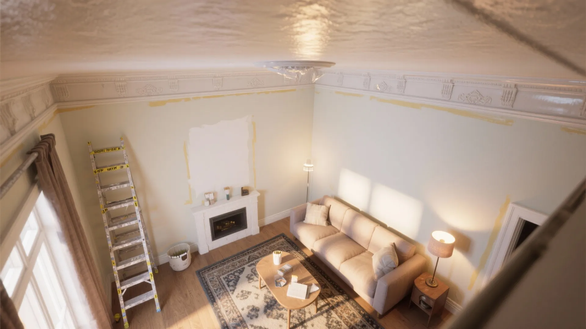 Living room interior design drawing showing white ceiling light fireplace sofa ladder and wall panel decoration