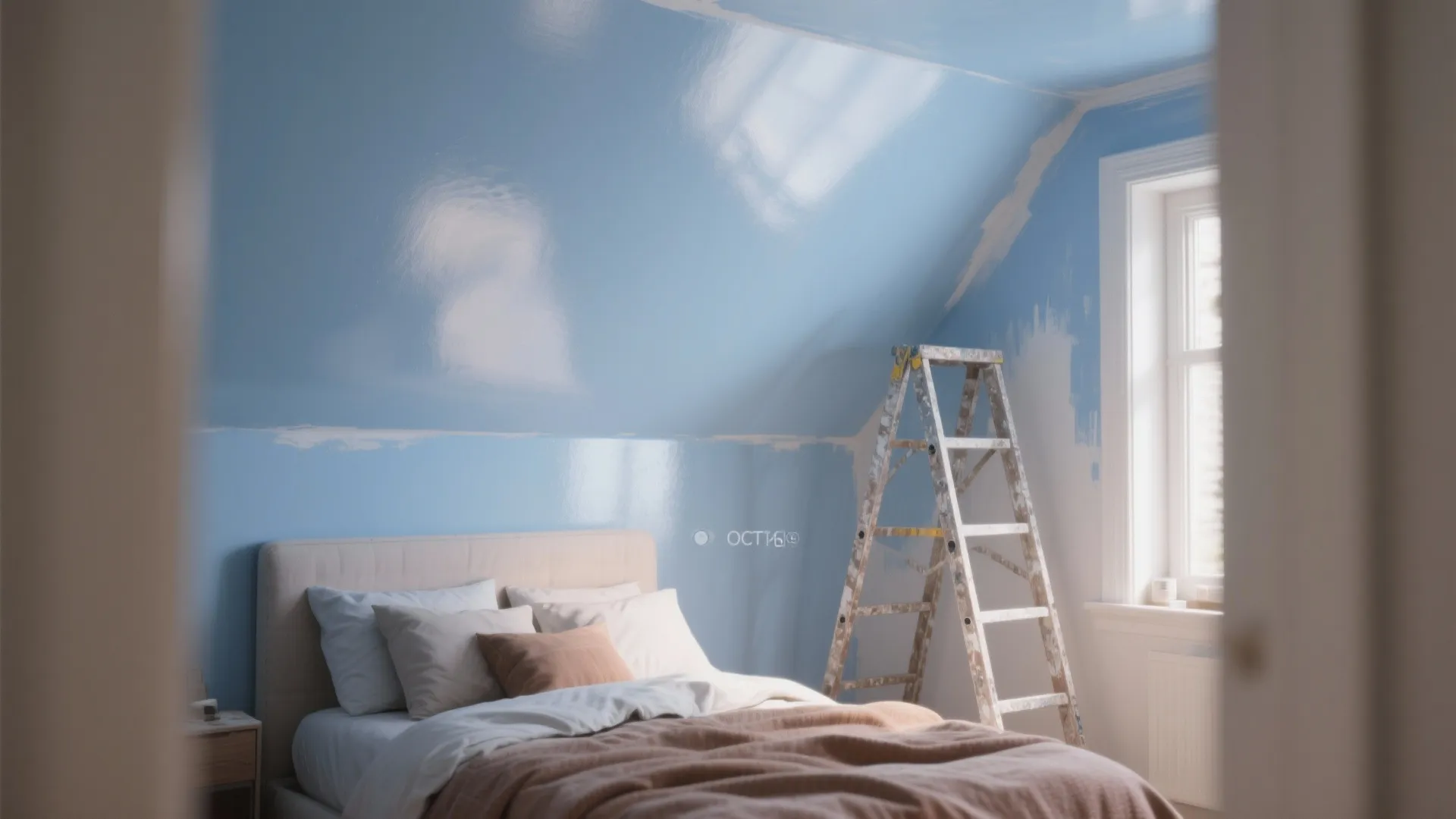 Bedroom with sloped blue ceiling under renovation featuring a metal ladder and natural window light