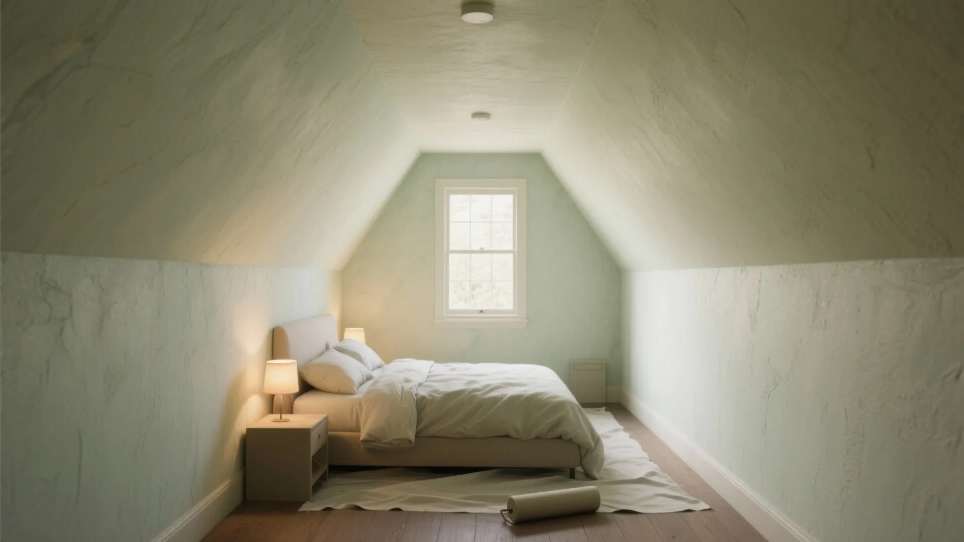 Small attic bedroom with green walls white bed side table light fixture and a small window