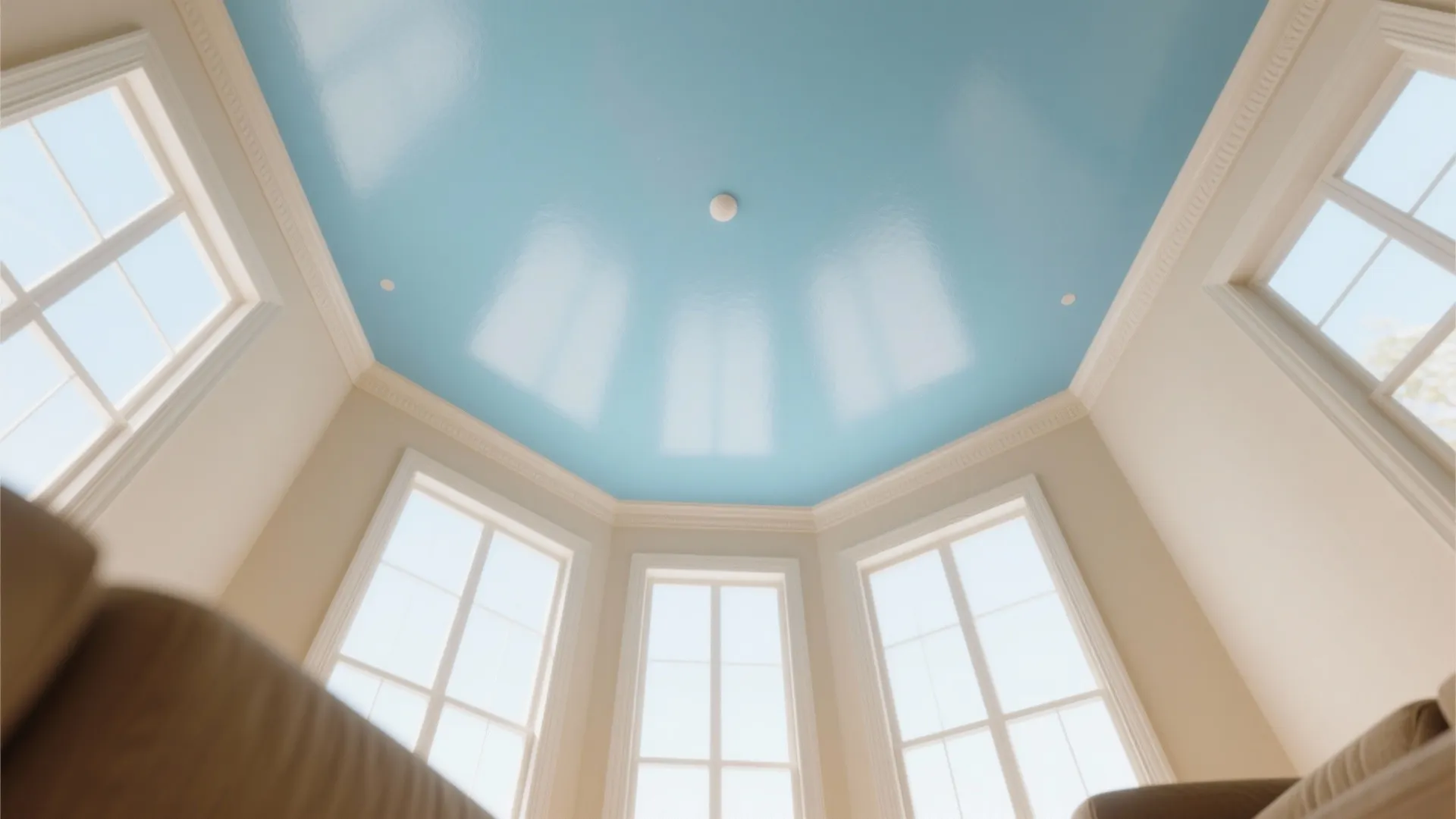 Cozy apartment interior with a soft sky-blue painted ceiling that brightens and visually expands the room.