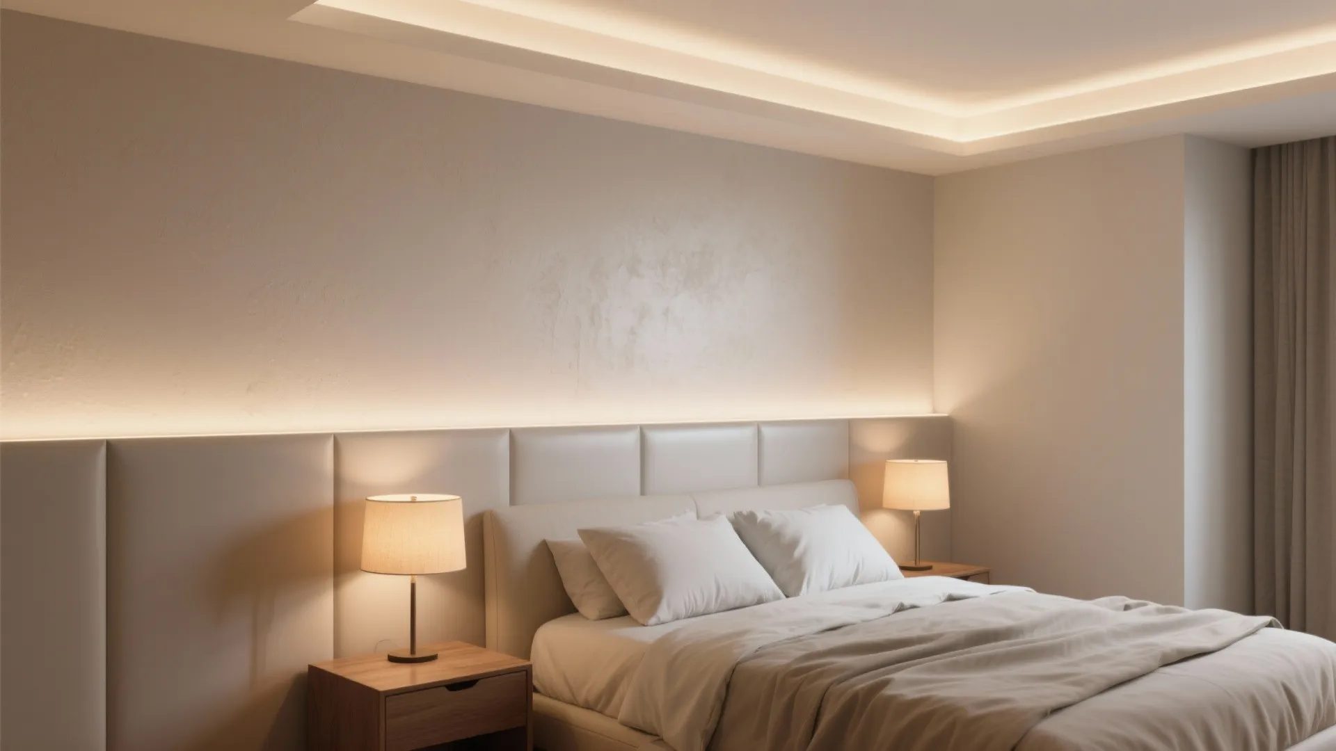 Modern cozy bedroom with warm hidden lighting on ceiling and wall behind a soft bed