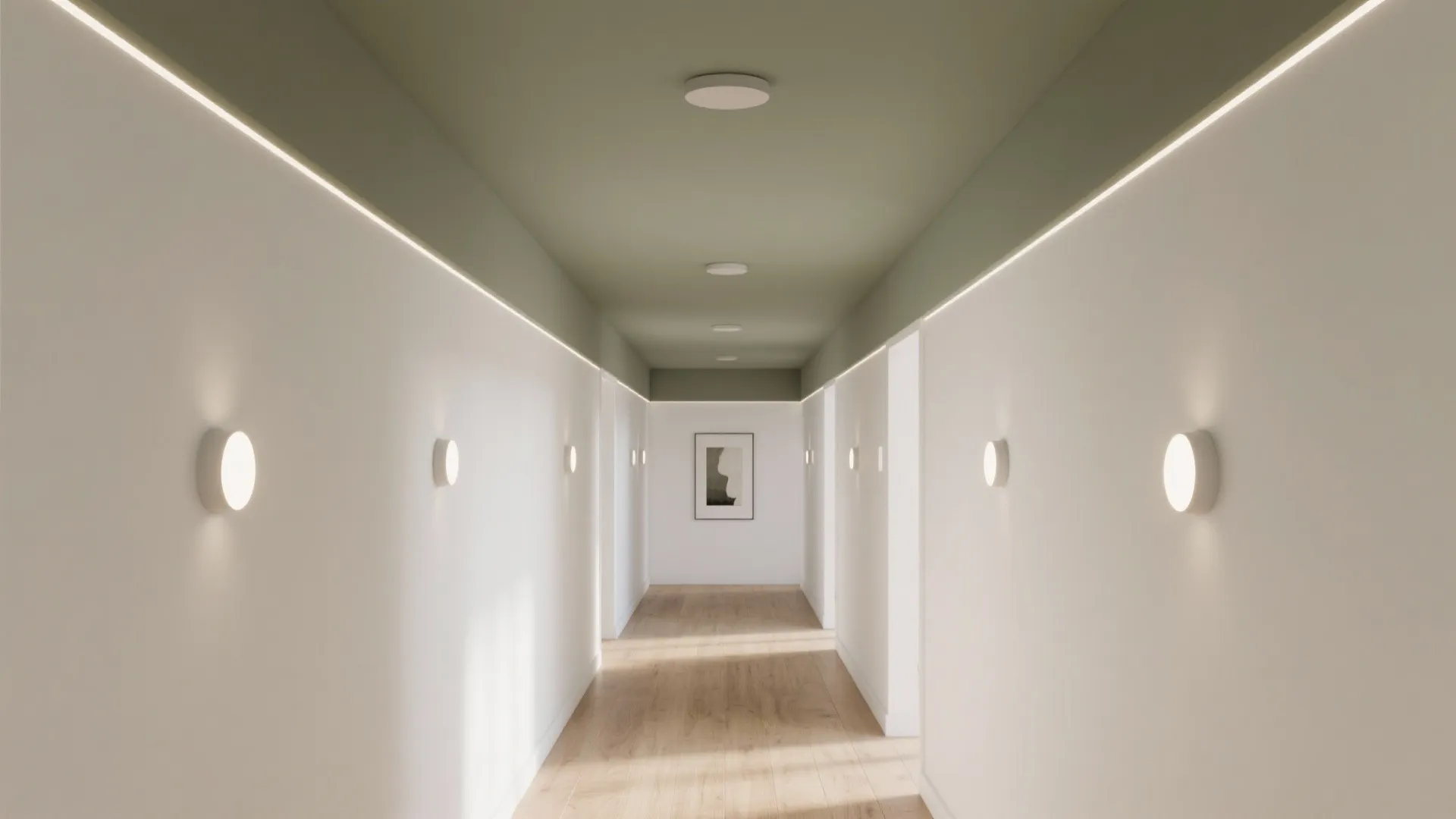 Modern hallway with green painted ceiling wood flooring and white wall light fixtures on walls