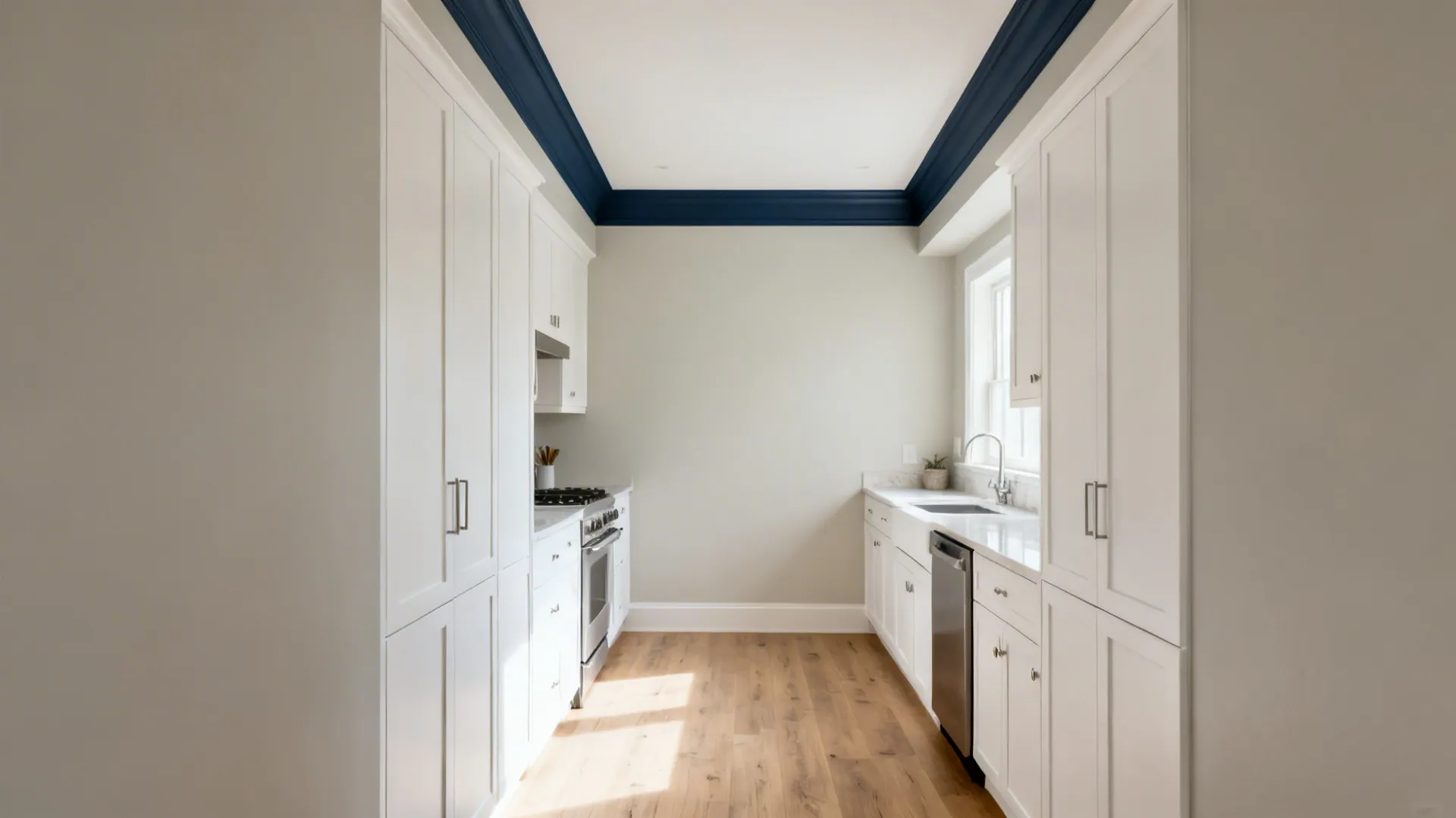 Galley kitchen with a darker ceiling border and lighter center to create height.
