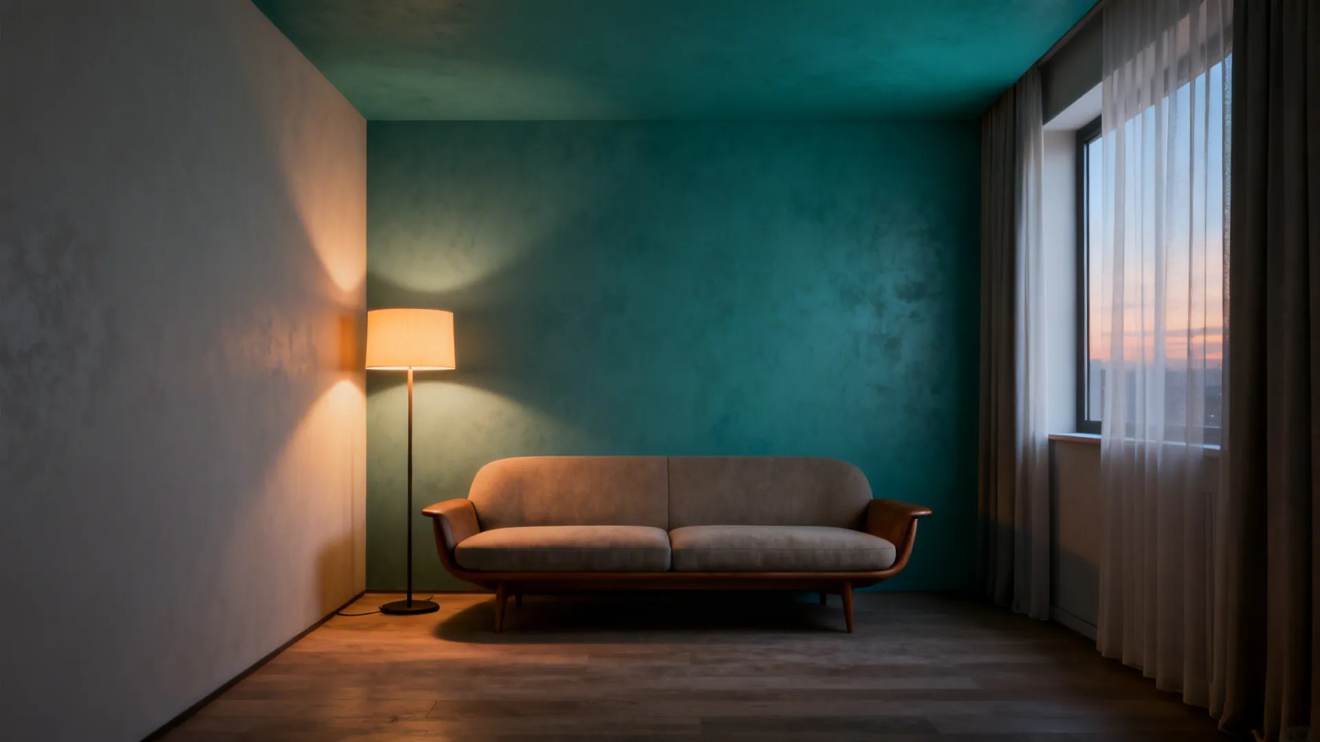 Modern living room with teal walls and ceiling showing sofa floor lamp and large window