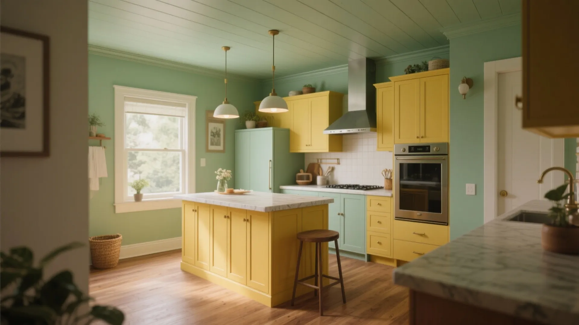 Colorful kitchen featuring yellow cabinets green walls painted ceiling marble island and two ceiling lights