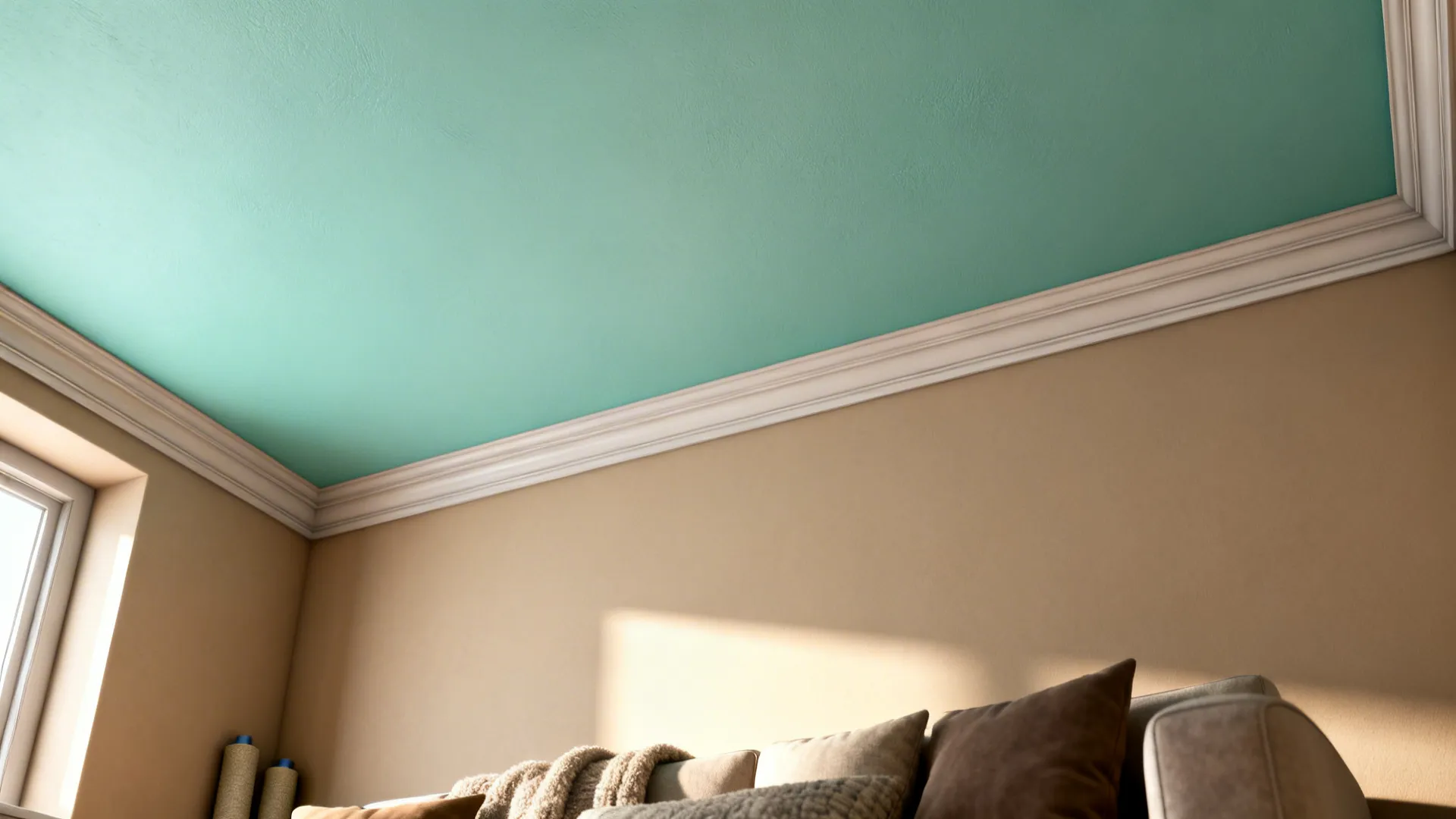 Small living room viewed upward showing a pale teal statement ceiling and cozy seating