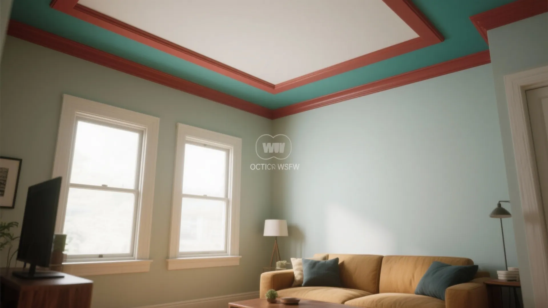 Living room with a softly colored ceiling and contrasting trim for added personality.