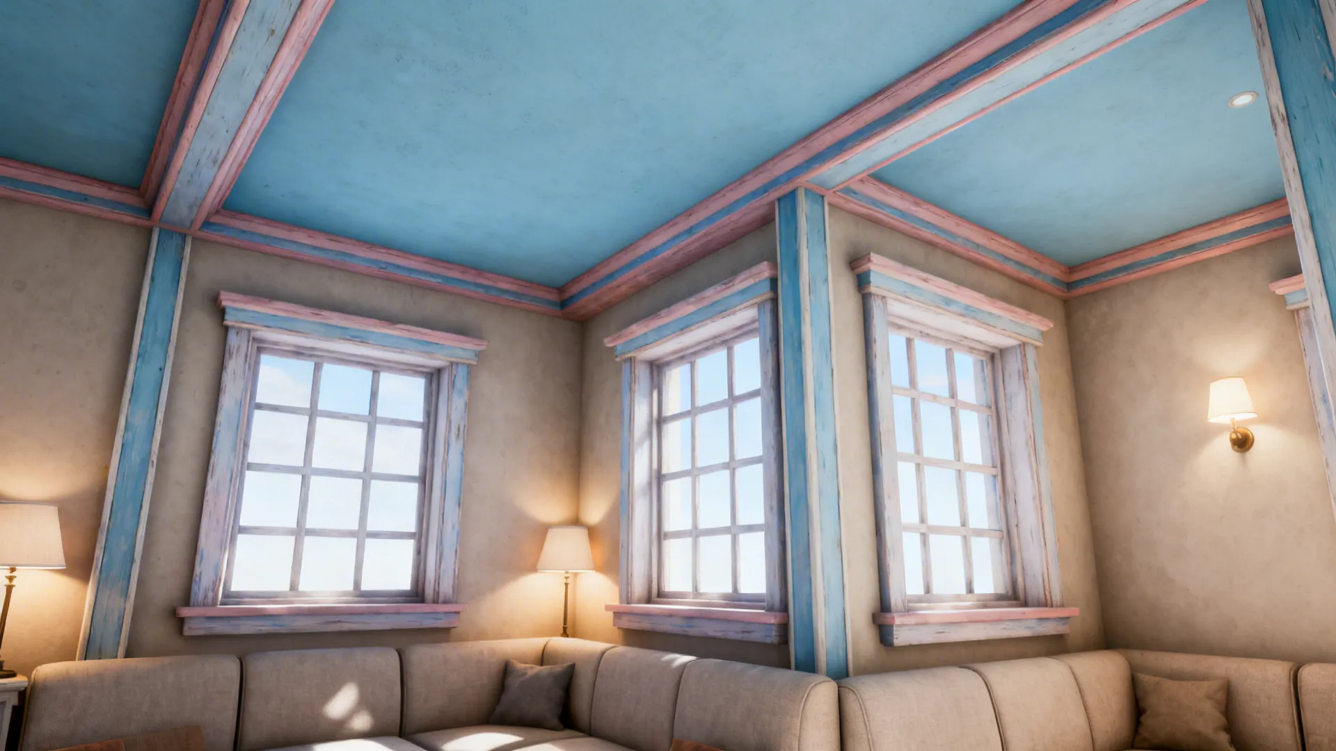 Small living room with painted soft blue ceiling and matching trim that visually raises the space.