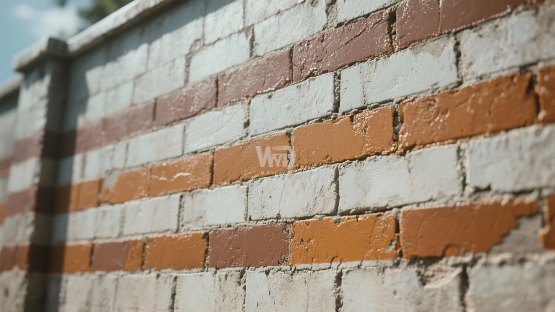 Outdoor brick wall painted with white brown and orange horizontal stripes for a textured appearance