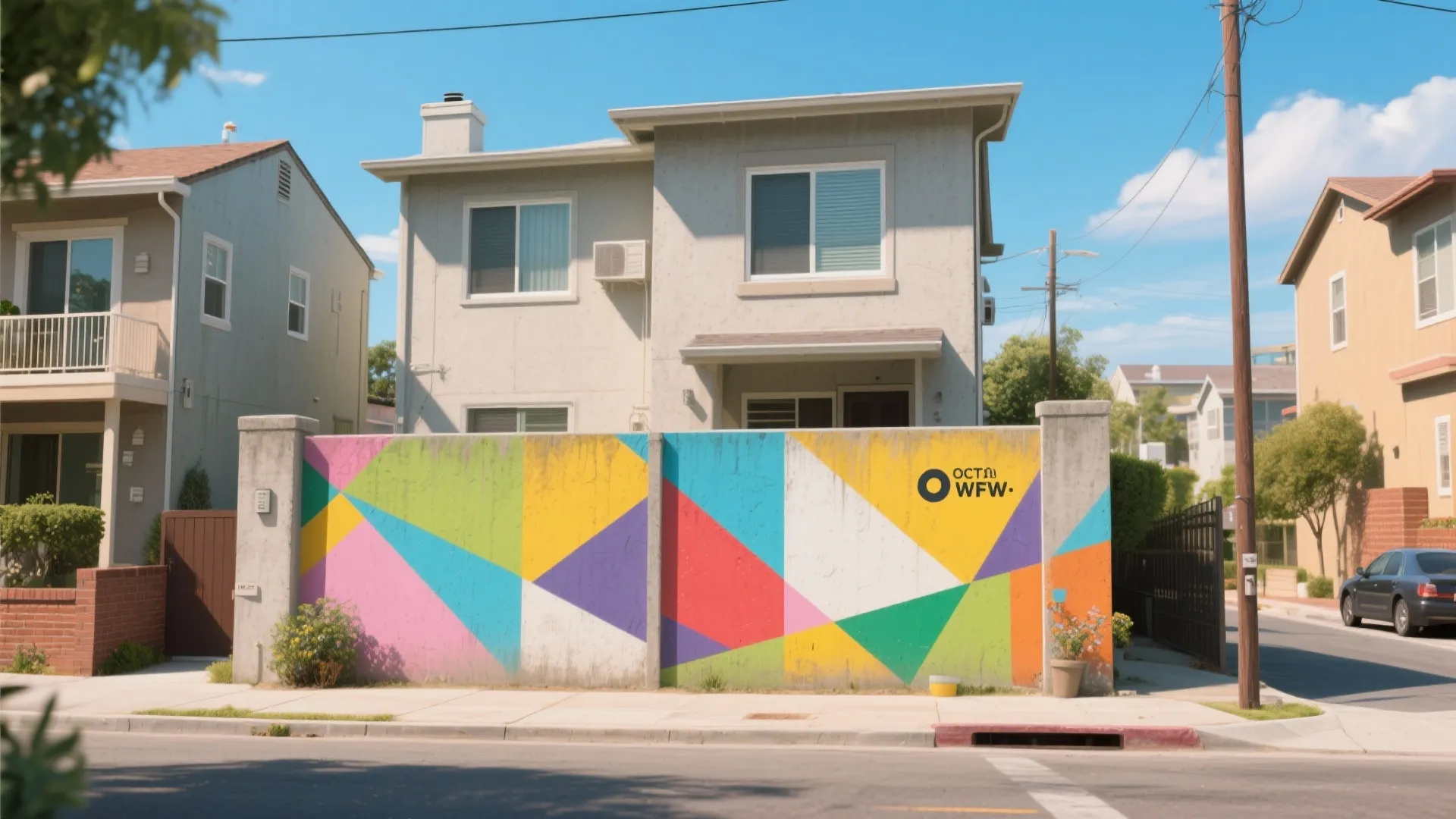 Street view of a house wall painted with colorful geometric triangles in a bright neighborhood