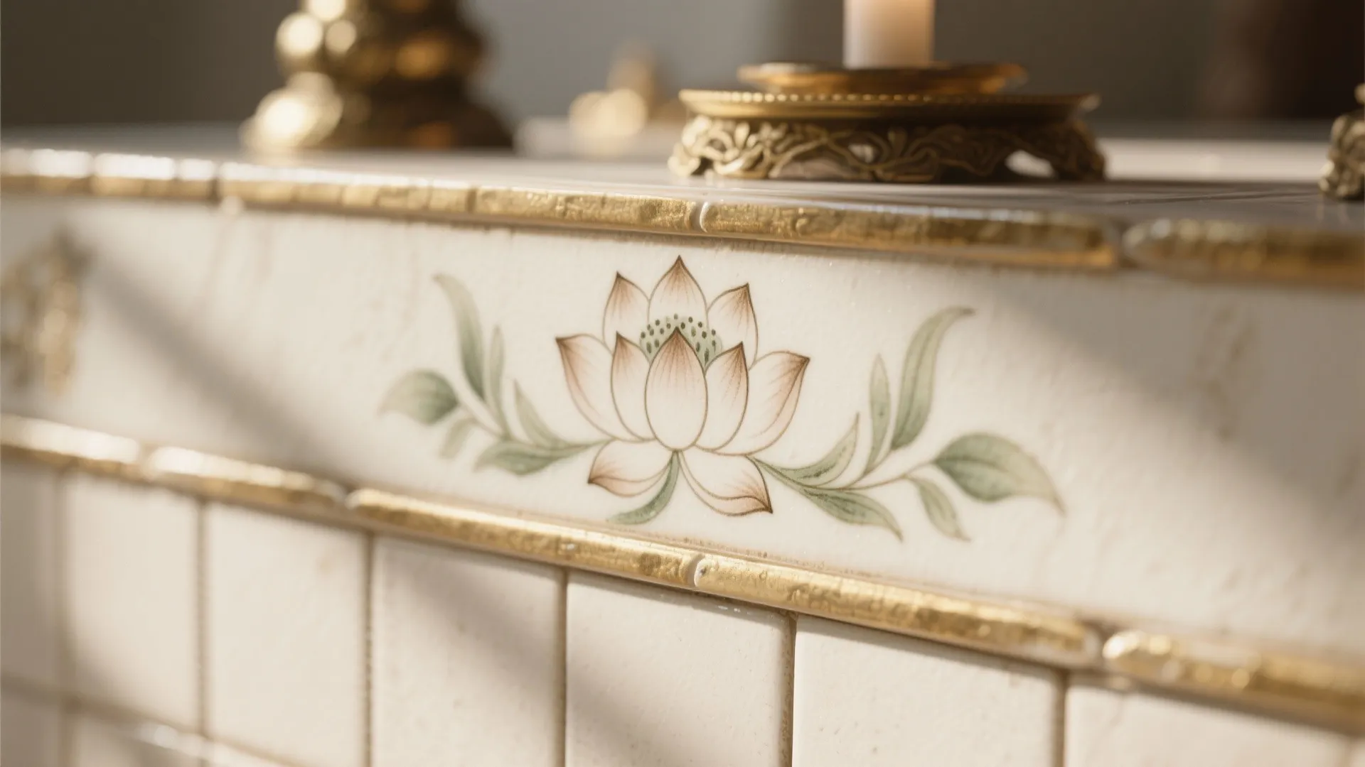 Close up of decorative flower pattern on white ceramic tiles with elegant gold border details