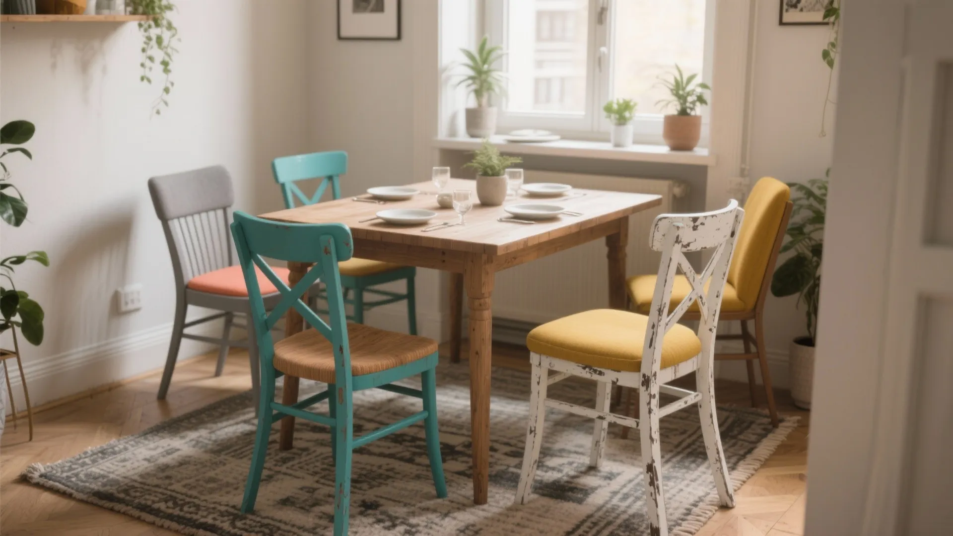 Wooden dining table with colorful painted chairs on a patterned rug in a bright room
