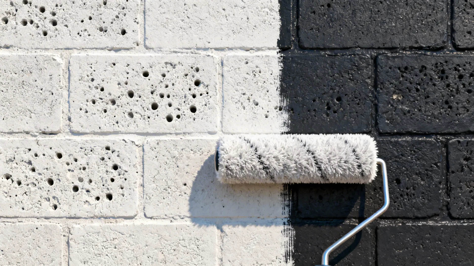 Close-up of painted cinder block with roller and visible masonry texture.