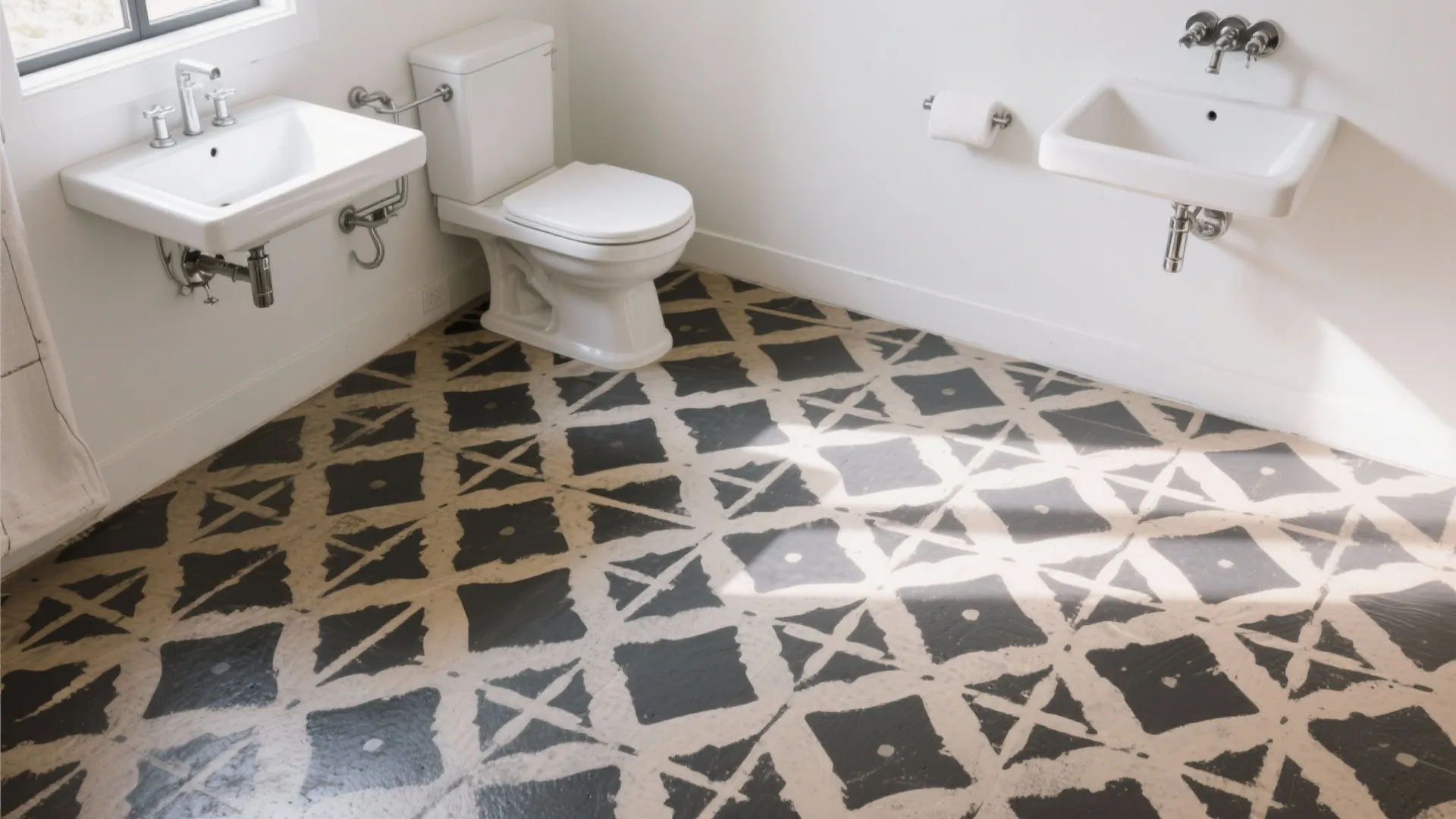 Simple white bathroom featuring a white toilet two wall sinks and grey patterned floor tiles