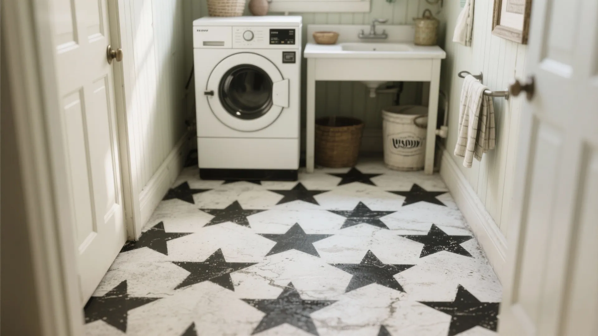 Small laundry room with black star pattern floor tiles featuring white washing machine and bathroom sink