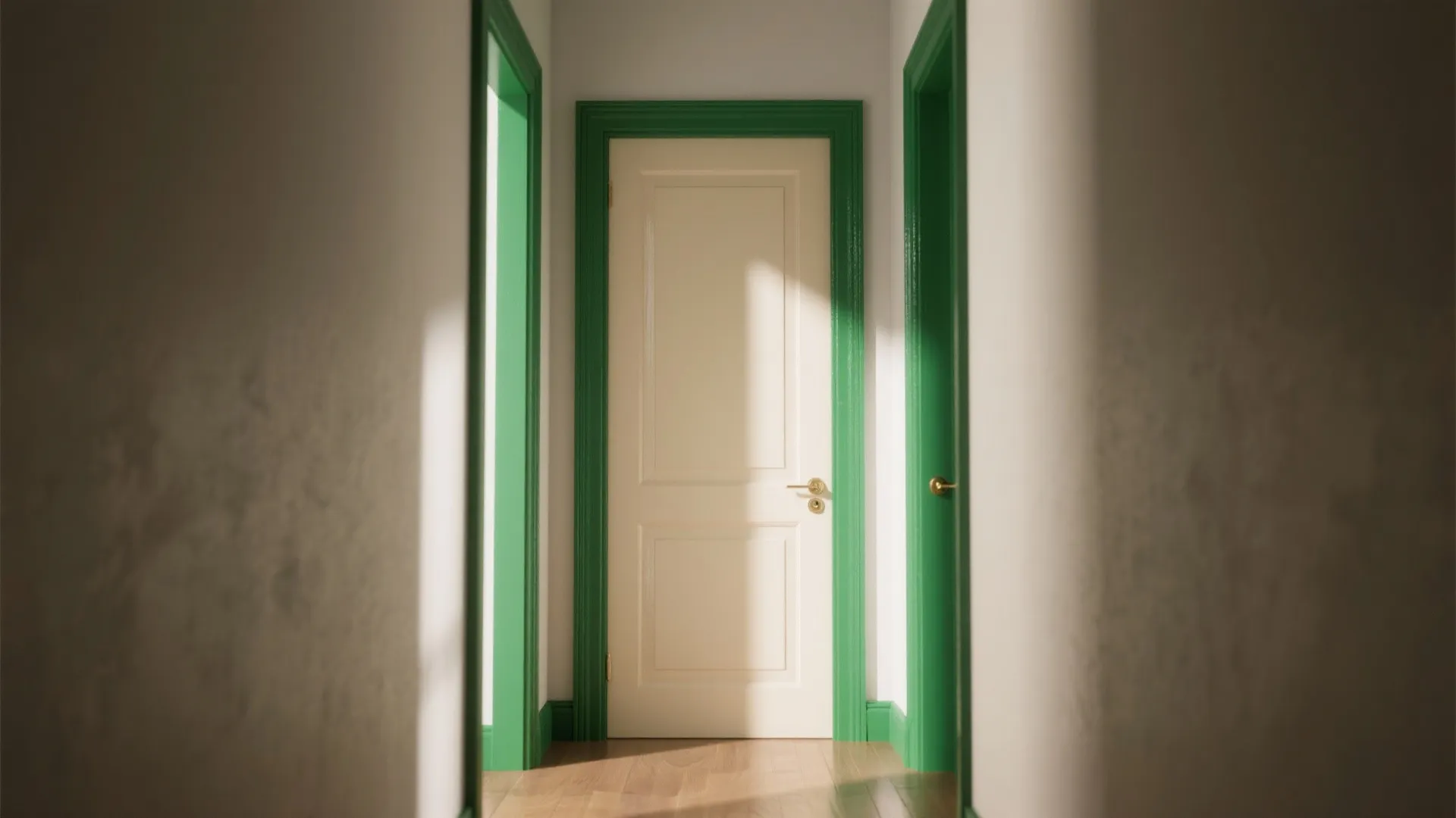 Hallway view with white doors featuring bright green trim wooden flooring and soft natural sunlight shadows