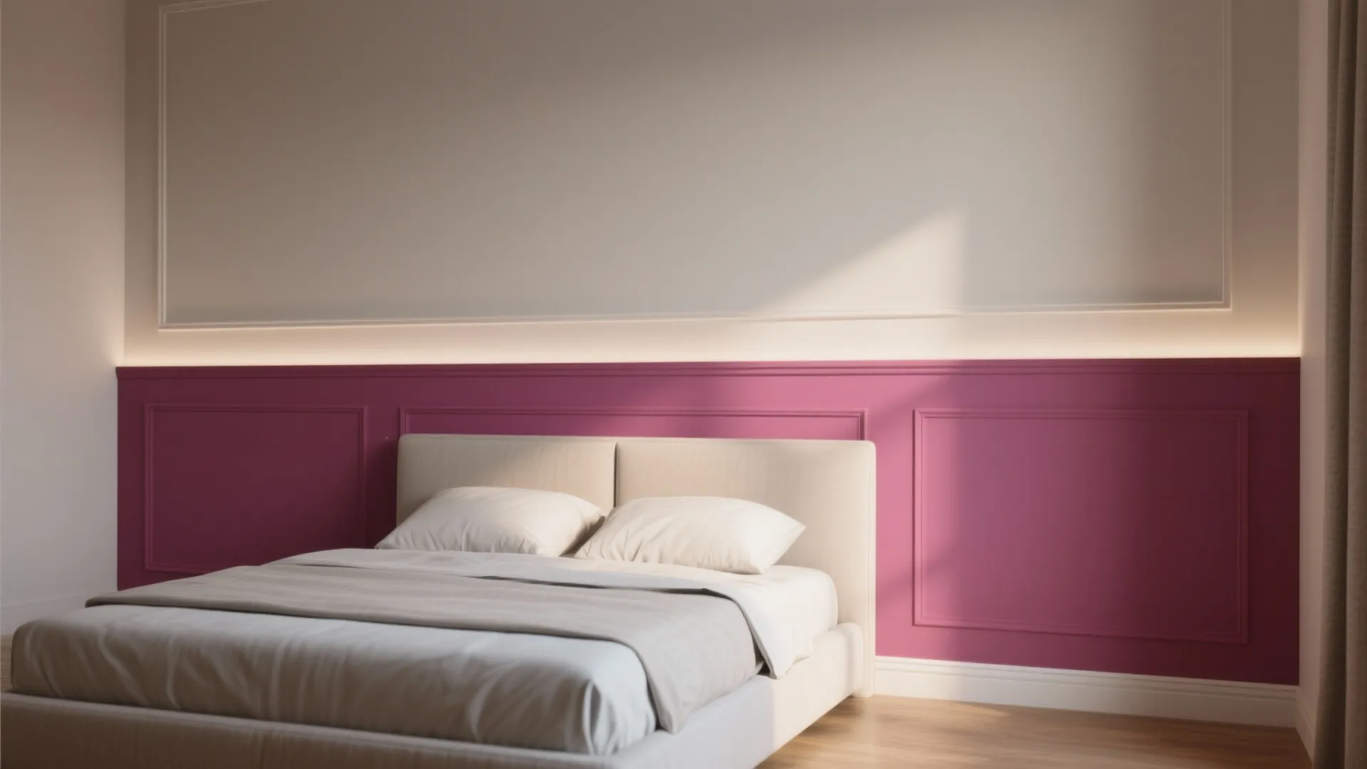 Elegant bedroom with white bed against a pink wall panel under hidden warm light strip