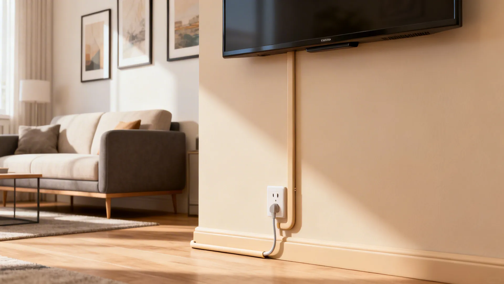 Living room wall with a slim cord channel painted to match the wall, running neatly to the TV