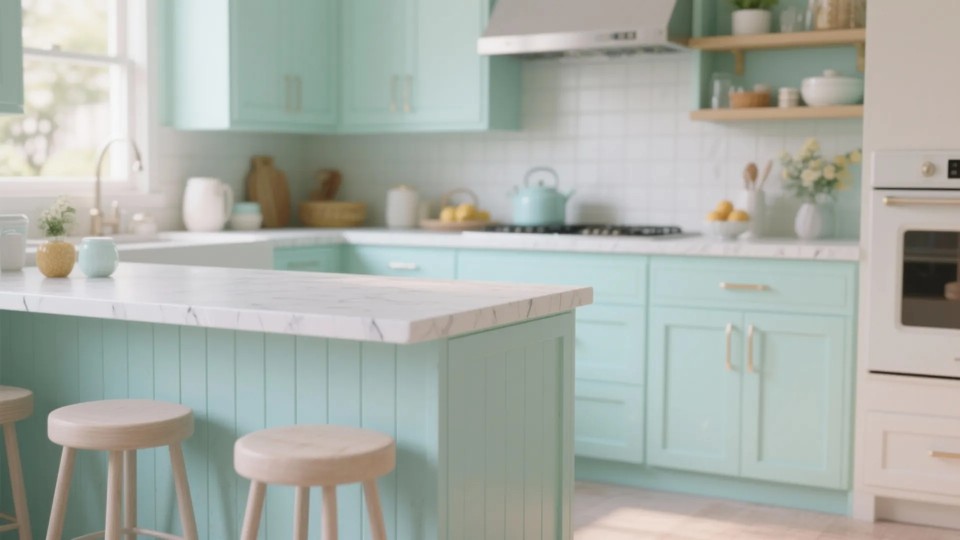 Modern kitchen featuring mint green cabinets white marble countertops wooden stools and bright natural window light