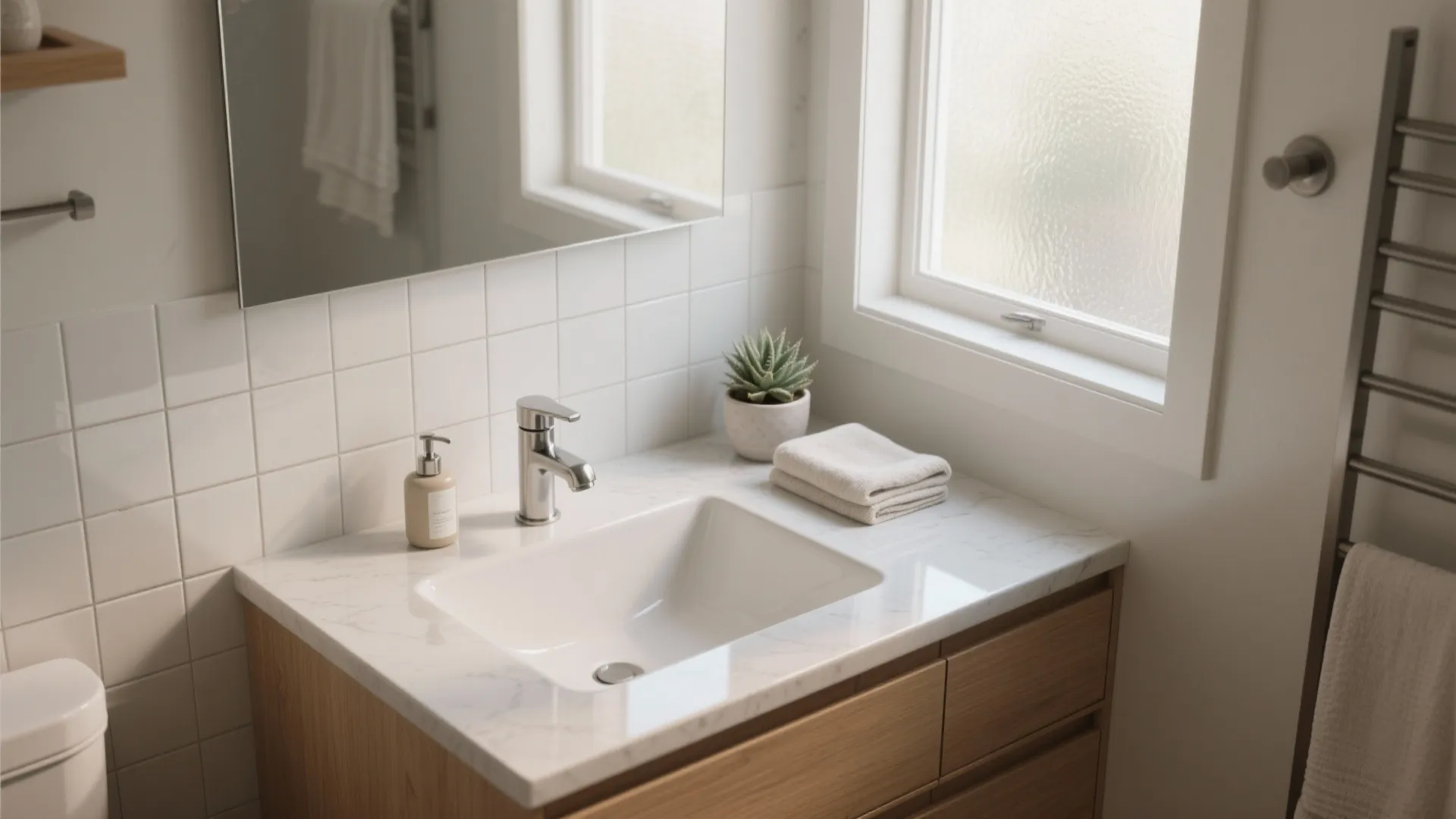 Bathroom vanity with white marble top wood cabinet sink silver tap tile wall and window