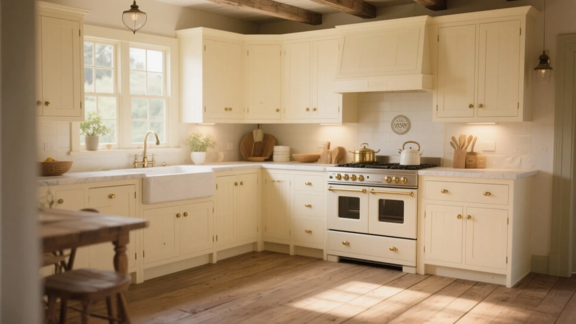 Buttercream country kitchen cabinets with brass handles