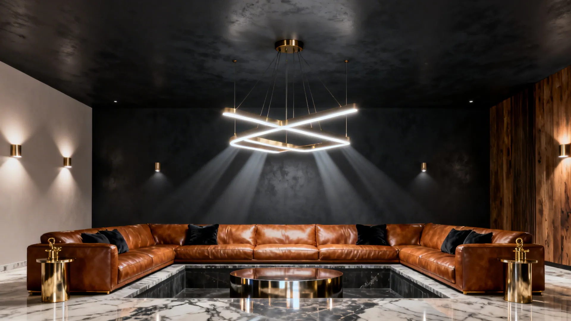 Modern living room with black ceiling large brown sofa and a bright hanging ceiling light