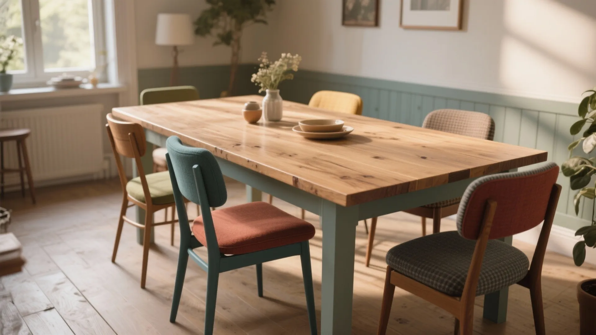 Modern wooden dining table with colorful chairs in a room with green wall panel design