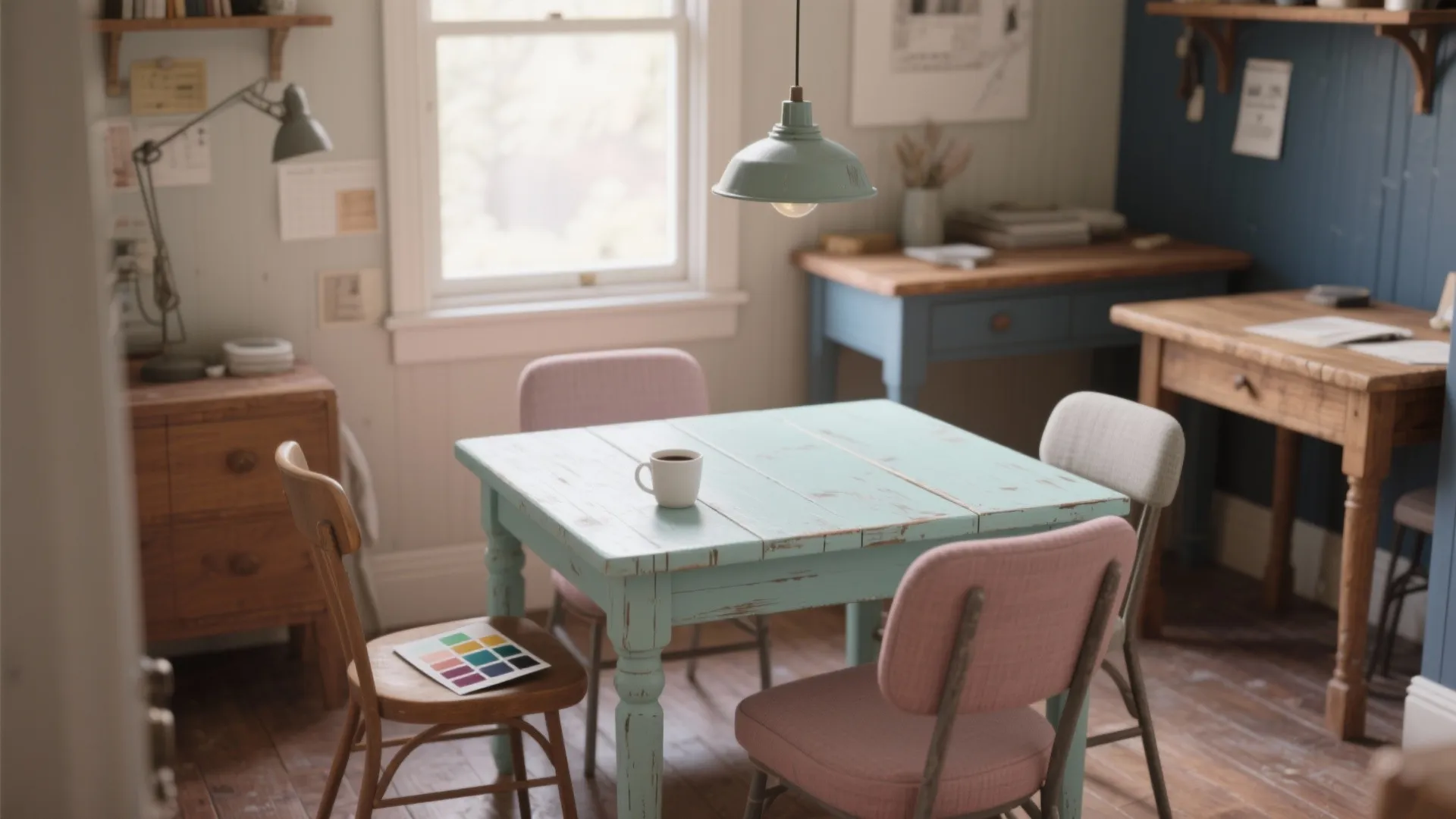 Rustic home office with light blue wooden table pink chairs wooden desks and green ceiling light