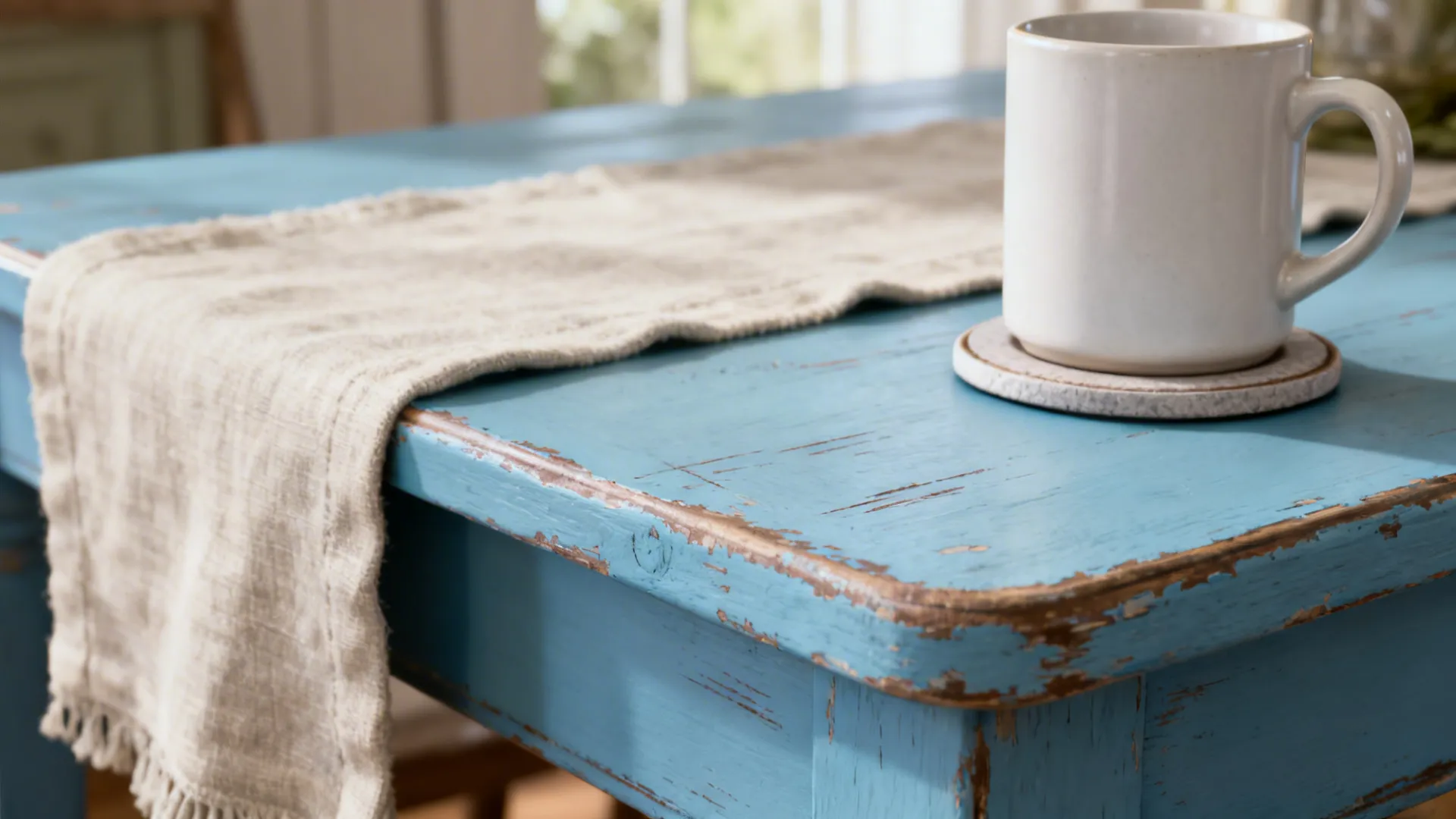 Painted distressed accent table top in chalky blue showing worn edges and texture with a mug on a coaster.