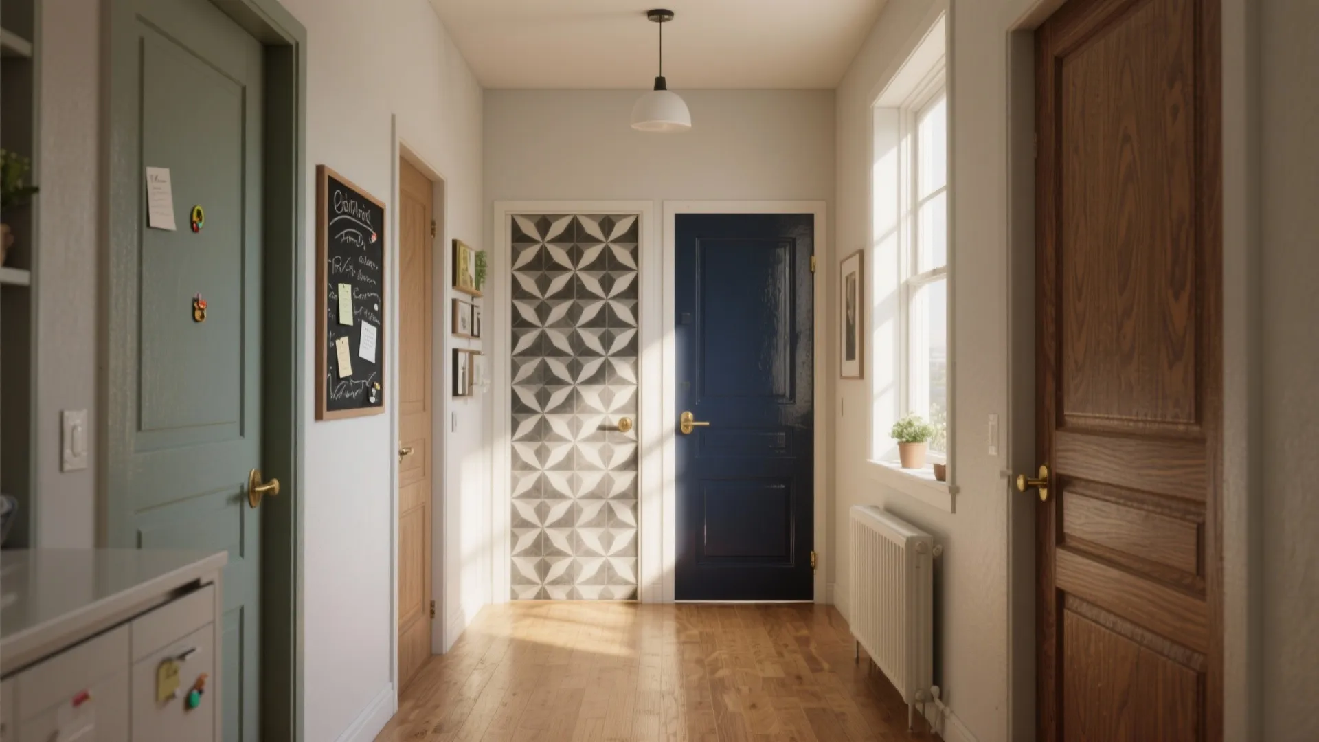 Bright hallway with green blue and wood doors plus a ceiling light and wood floor