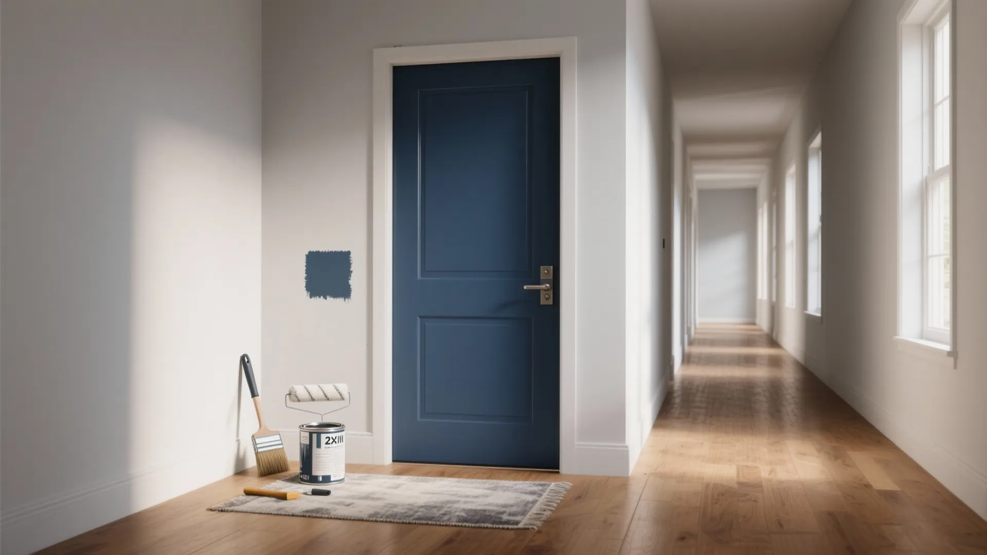 Blue painted room door with paint can and brush on wooden floor in a long hallway