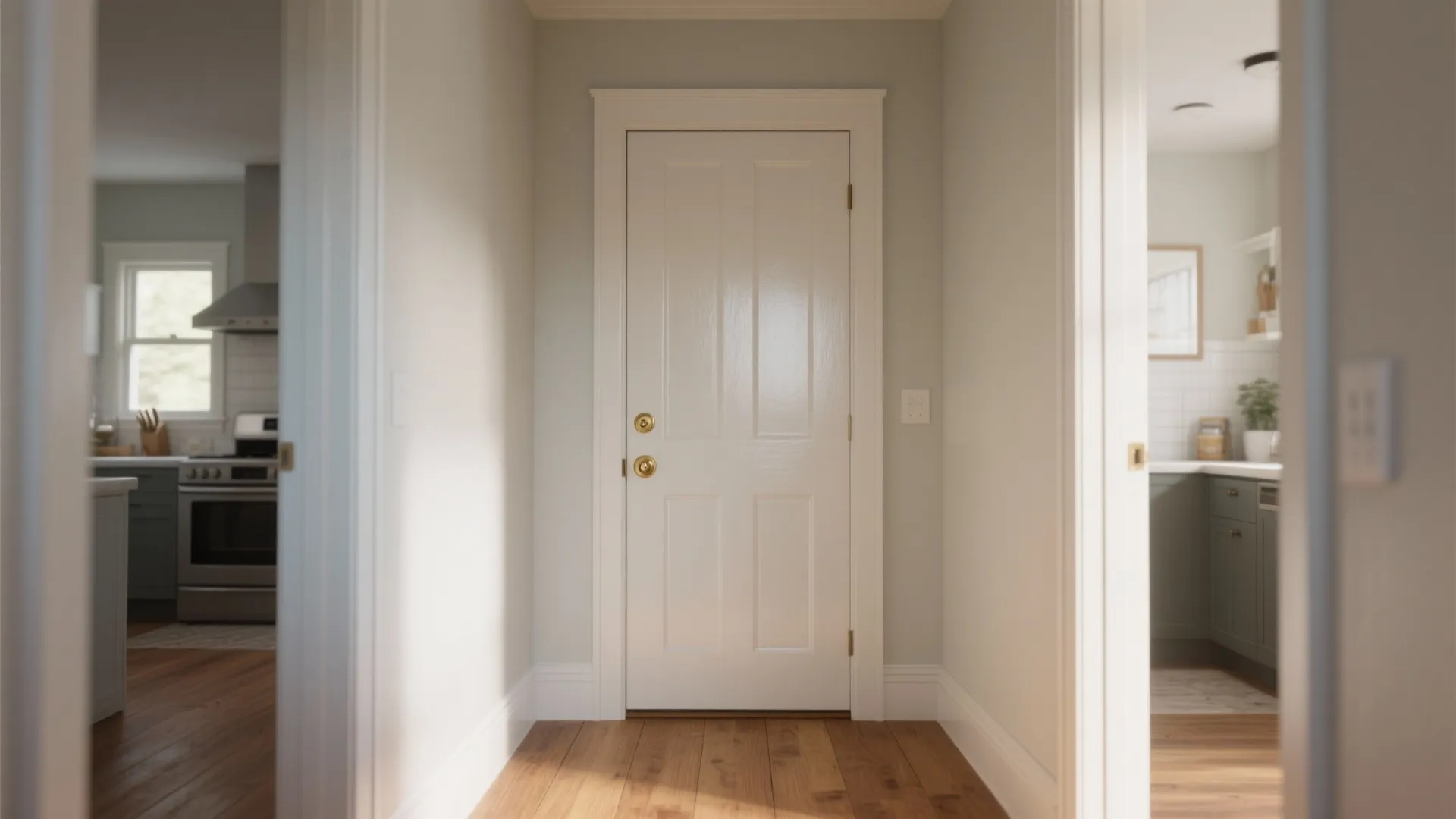 White interior door in a hallway with wooden floors and a kitchen visible in background