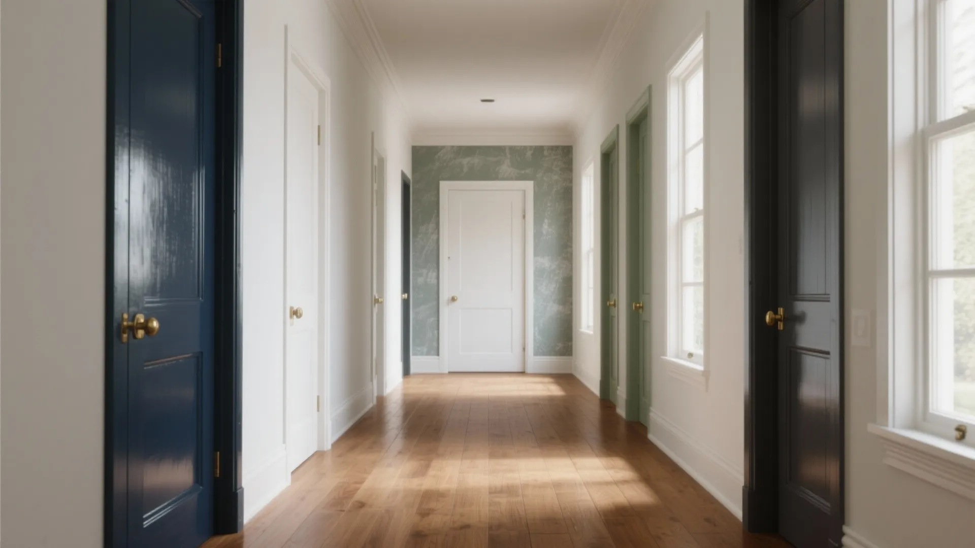 Bright hallway with white walls plus wooden floor showing navy blue and green painted interior doors