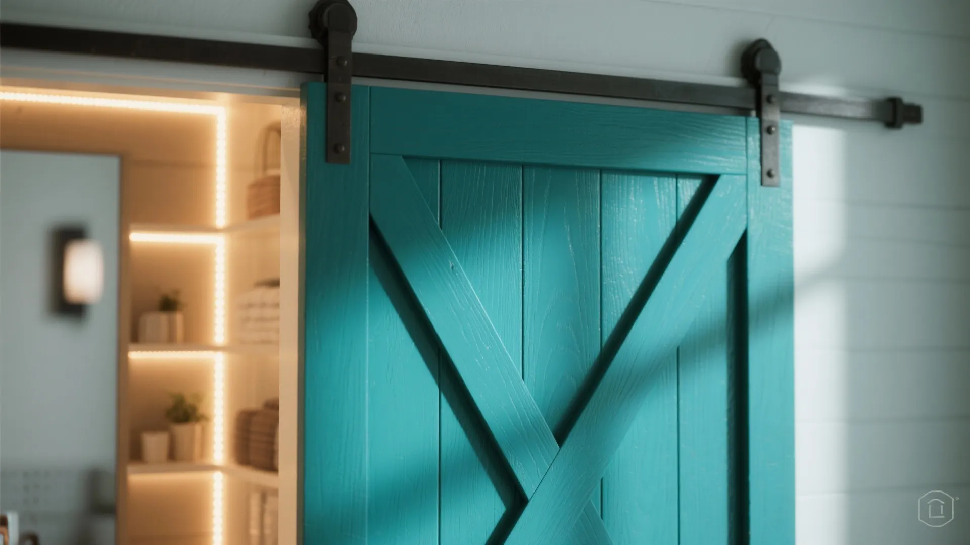 Painted barn-door accent sliding open to reveal warm hidden LED strip lighting inside the vanity.
