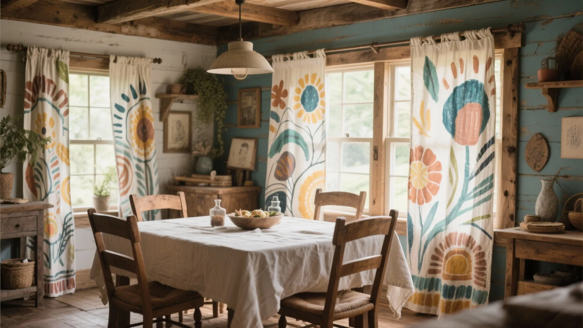 DIY painted drop cloth curtains in a rustic dining room