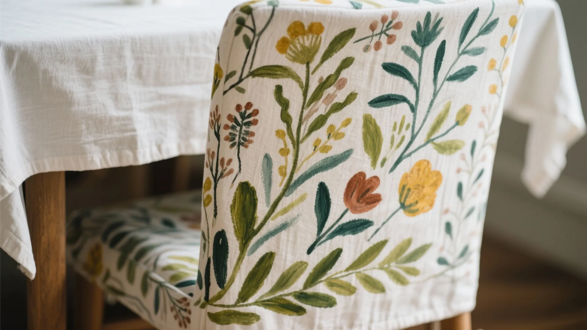 Dining chair with floral pattern fabric cover featuring green leaves and yellow flowers near table
