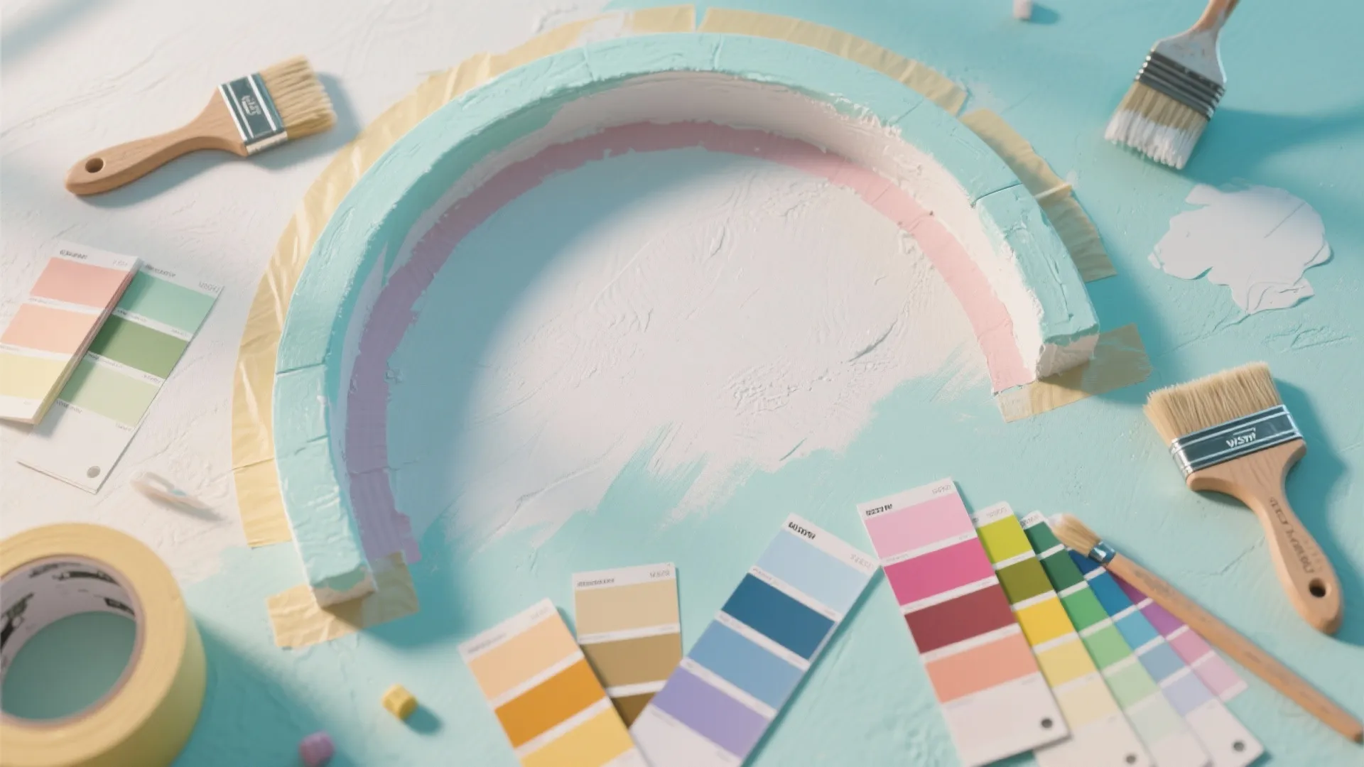 DIY wall painting project showing a blue arch with tape paint brushes and color samples