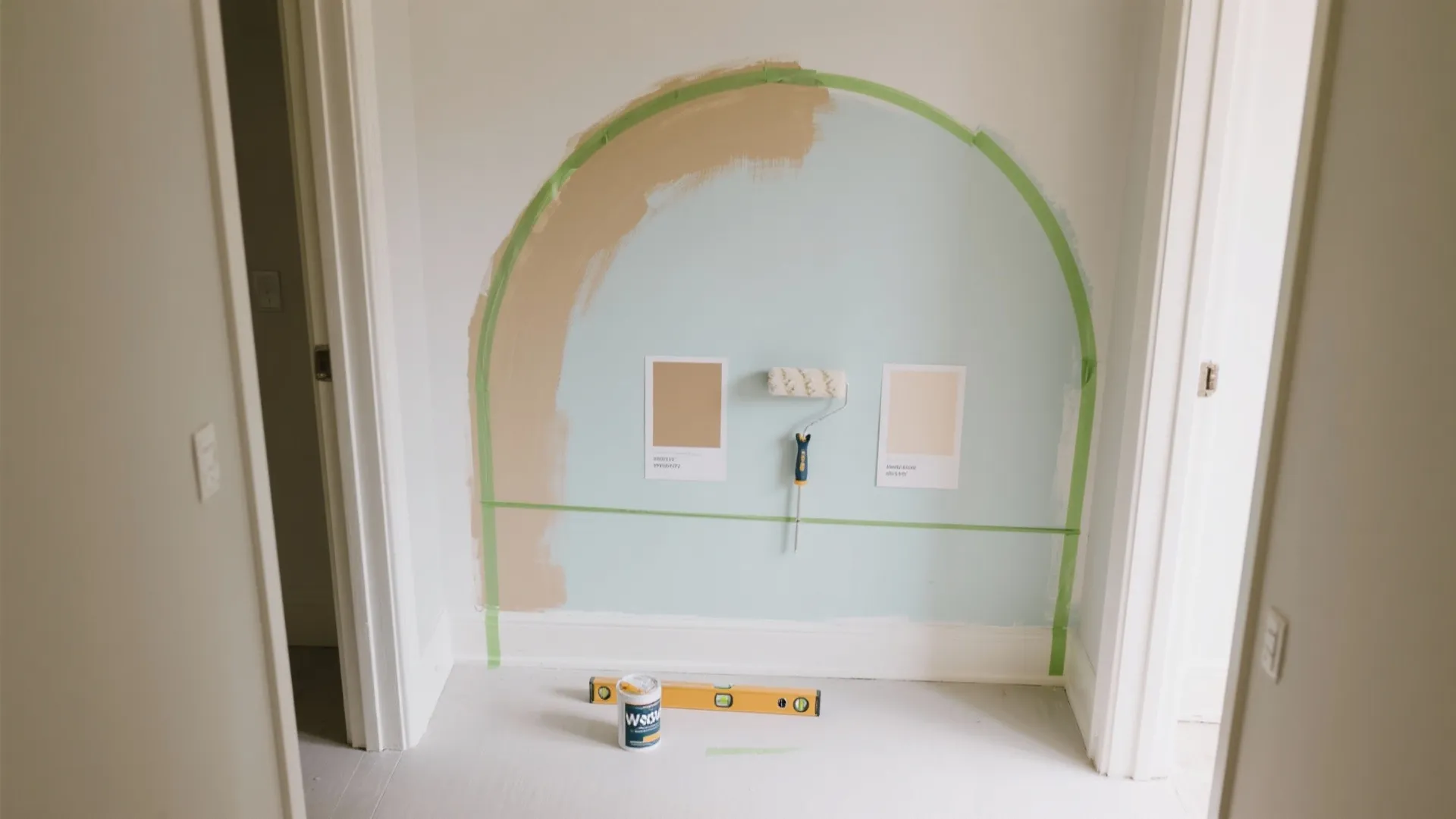Process of painting an arched shape on a wall using green tape roller and level