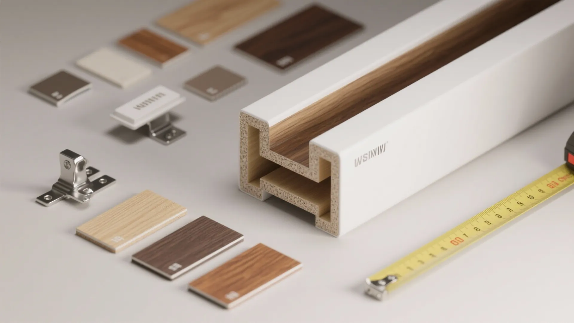 Interior design materials including wood samples a white beam section metal hinges and measuring tape