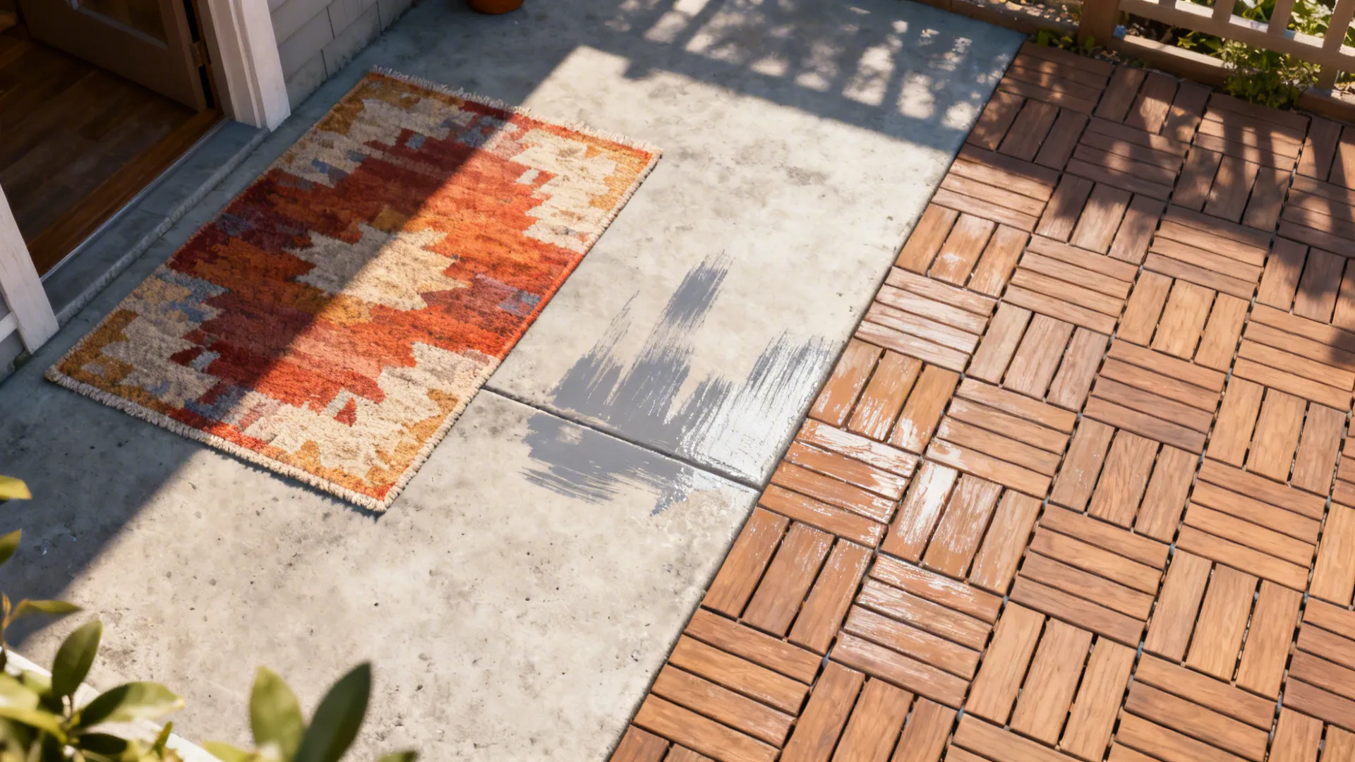 Top-down view of painted faux rug on concrete beside interlocking deck tiles on a patio