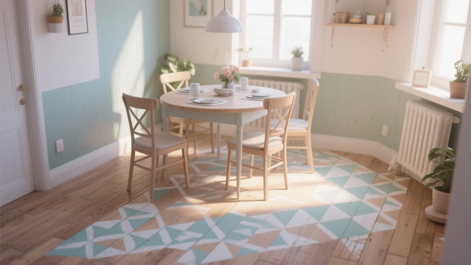 Round wooden dining table with four chairs on a green and white patterned painted wood floor